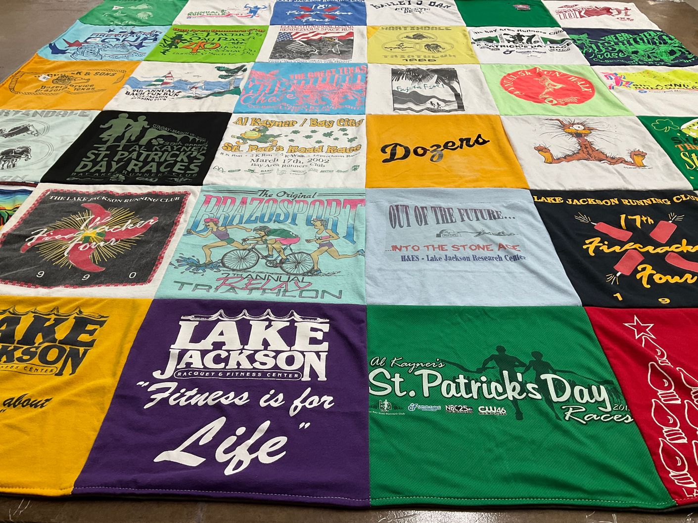 T-shirt quilt with running, fitness themes by Cheryl from MI