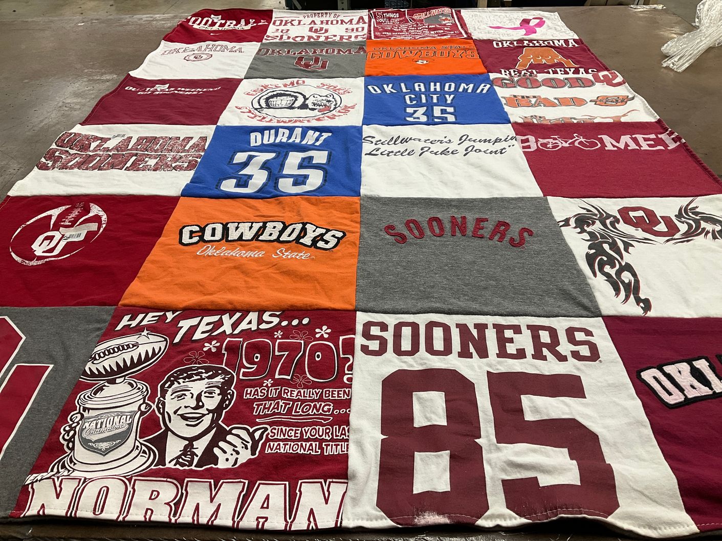 T-shirt quilt featuring oklahoma sooners, oklahoma state cowboys by Misty from TX