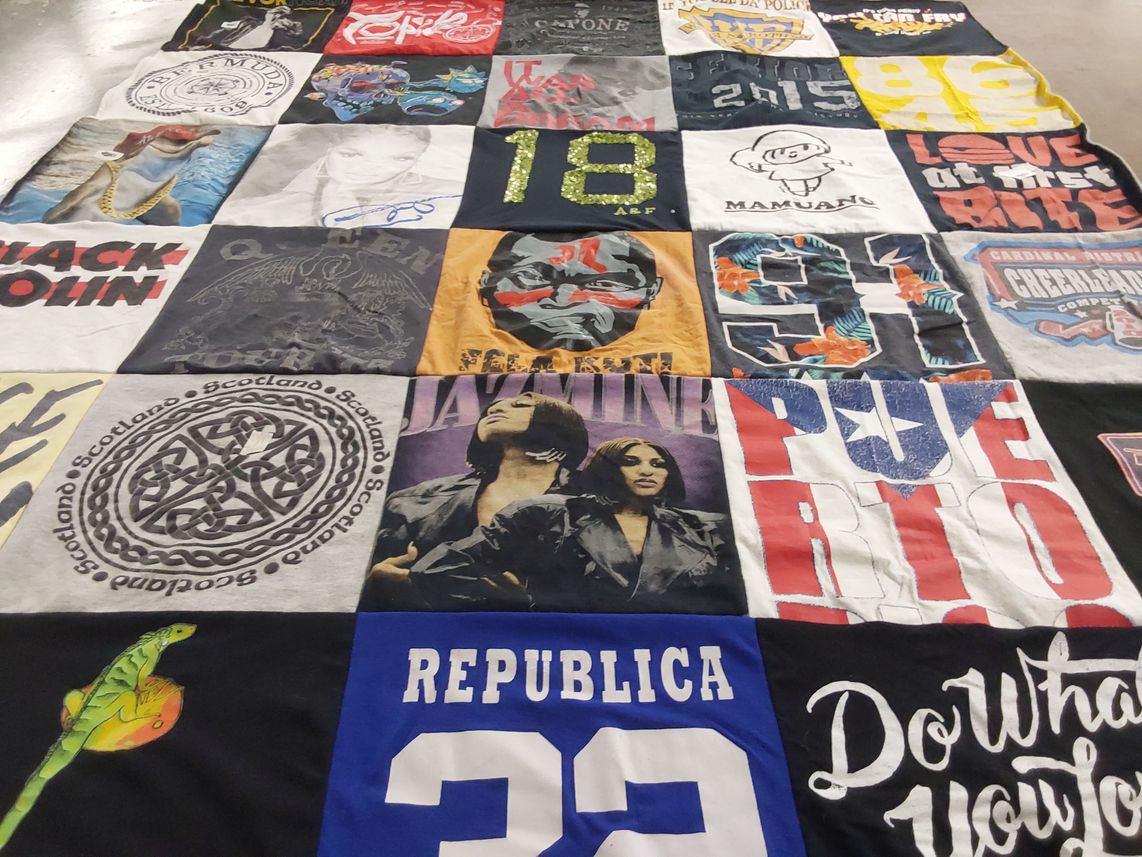 T-shirt quilt with music, travel themes by Kristen from VA