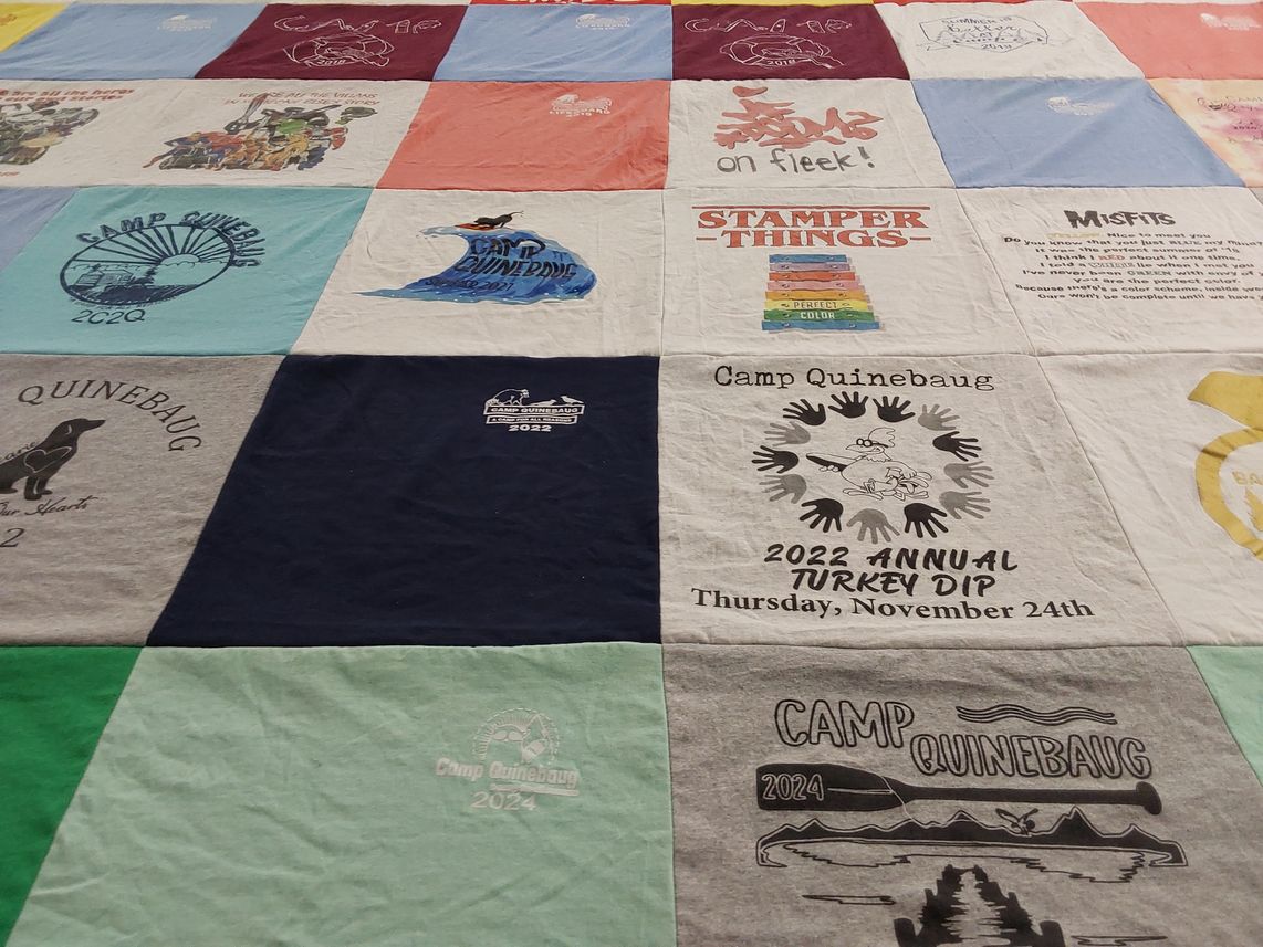 T-shirt quilt with camping themes by Linda from CT