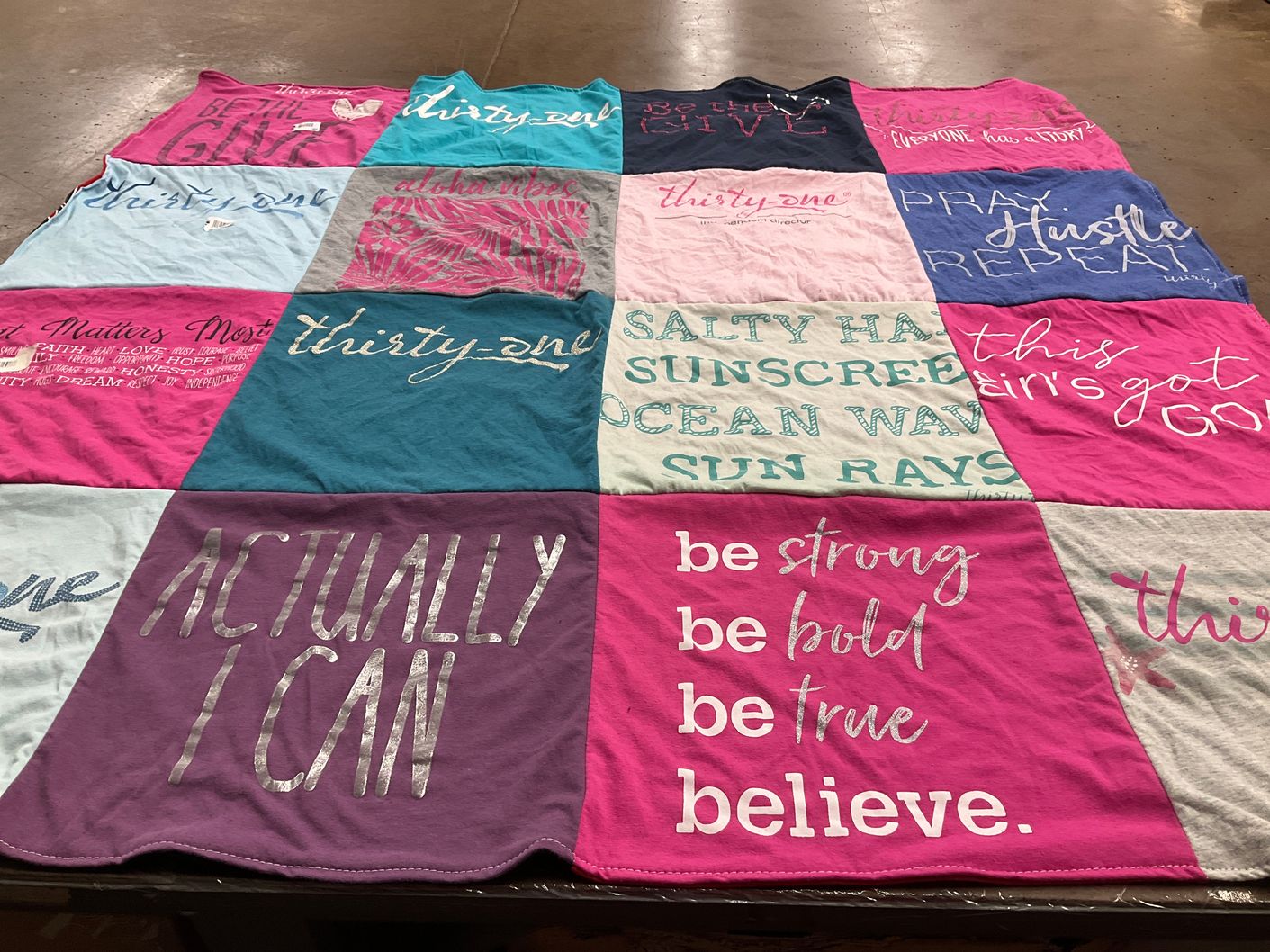 T-shirt quilt with motivational, inspirational themes by Mandie from IA