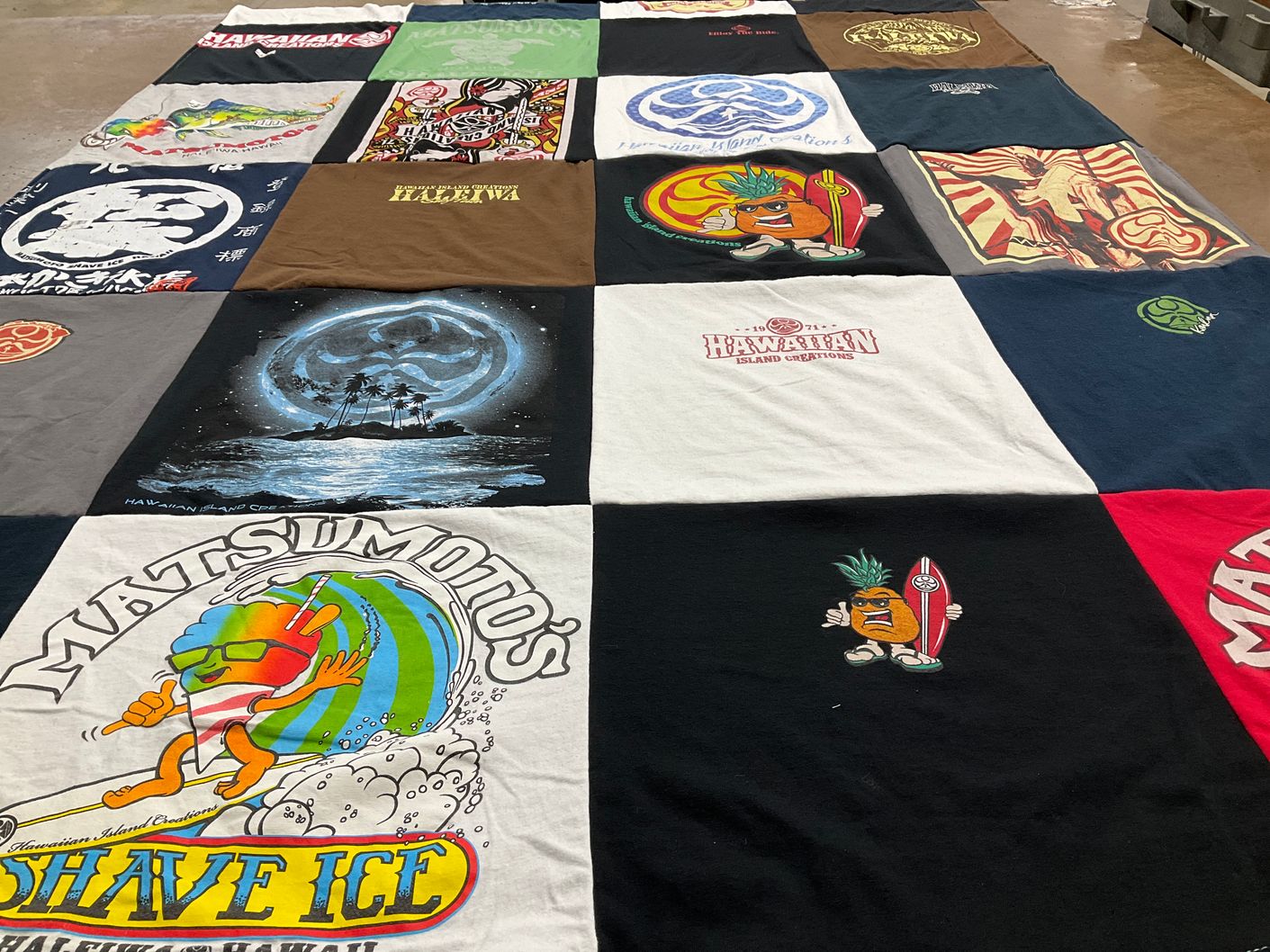 T-shirt quilt with hawaiian culture, surfing themes by teresa from CA