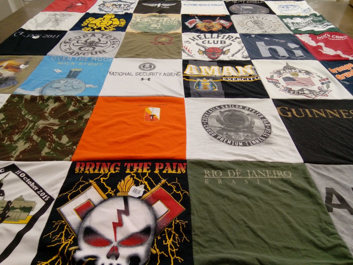 T-shirt quilt with beer, military themes by Lynn from MD
