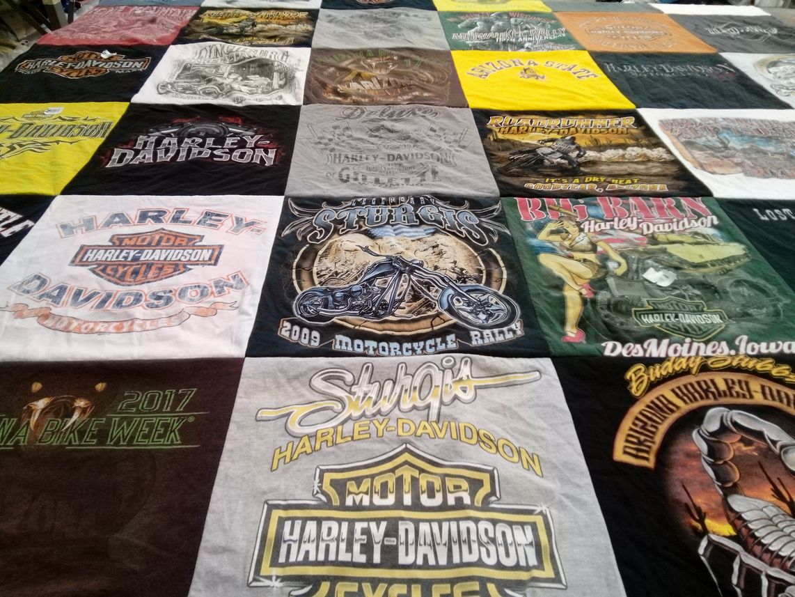 T-shirt quilt with motorcycles, biking themes by Jennifer from GA
