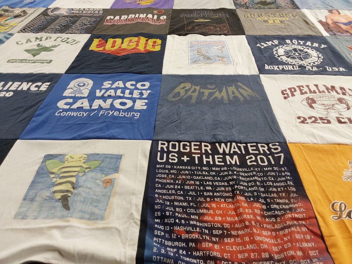 T-shirt quilt with camping, music themes by Kathleen from MA
