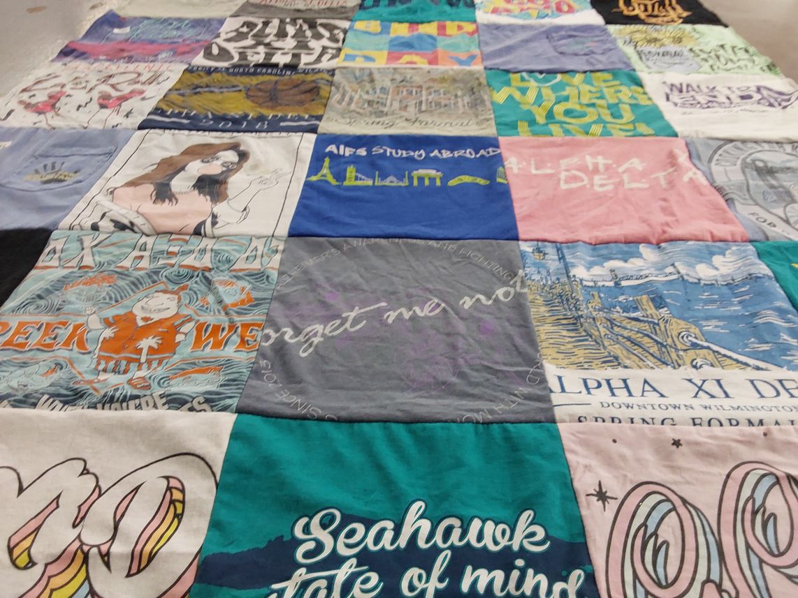 T-shirt quilt with sororities, travel themes by Elizabeth from NC