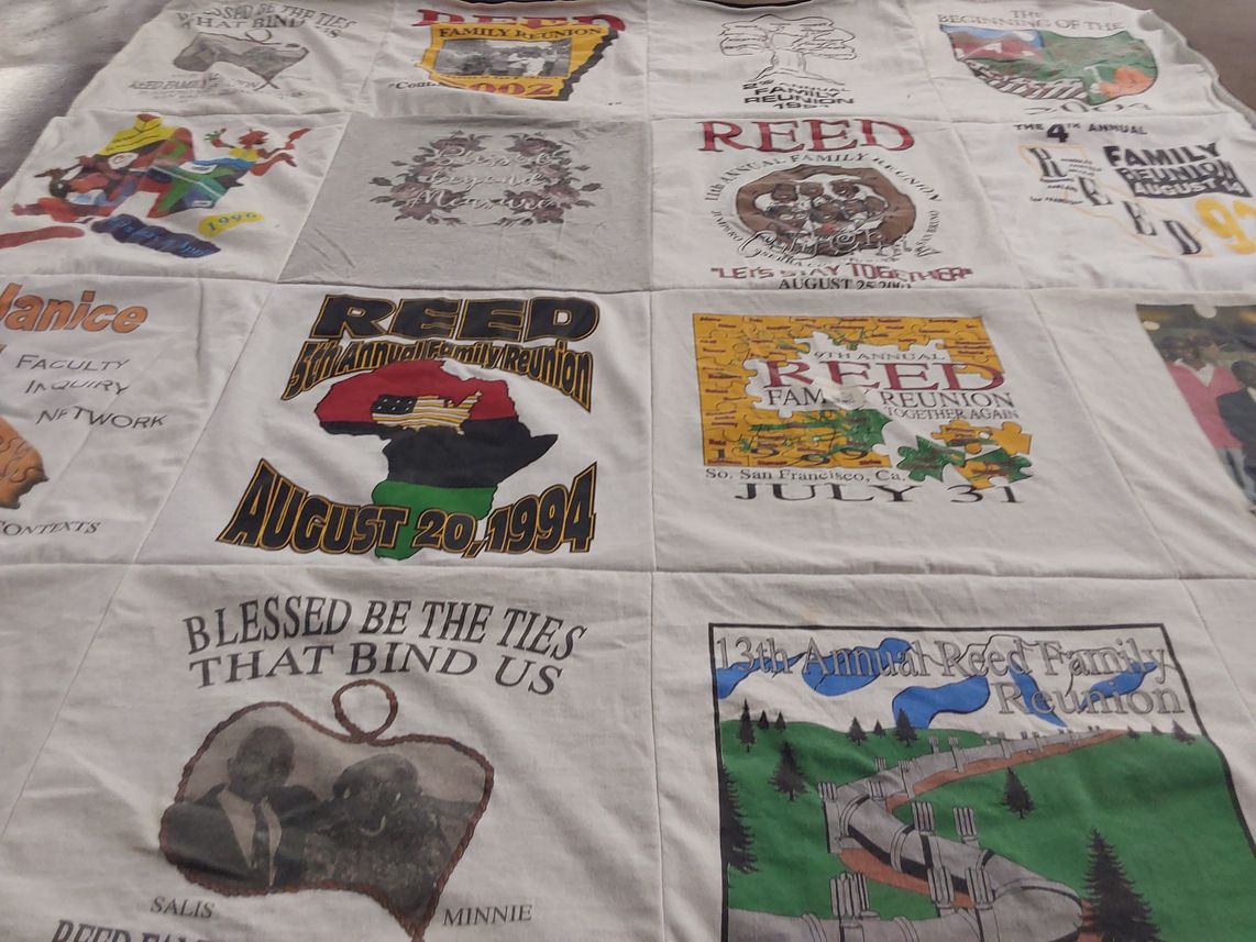 T-shirt quilt with family gatherings, reunions themes by Carla from CA