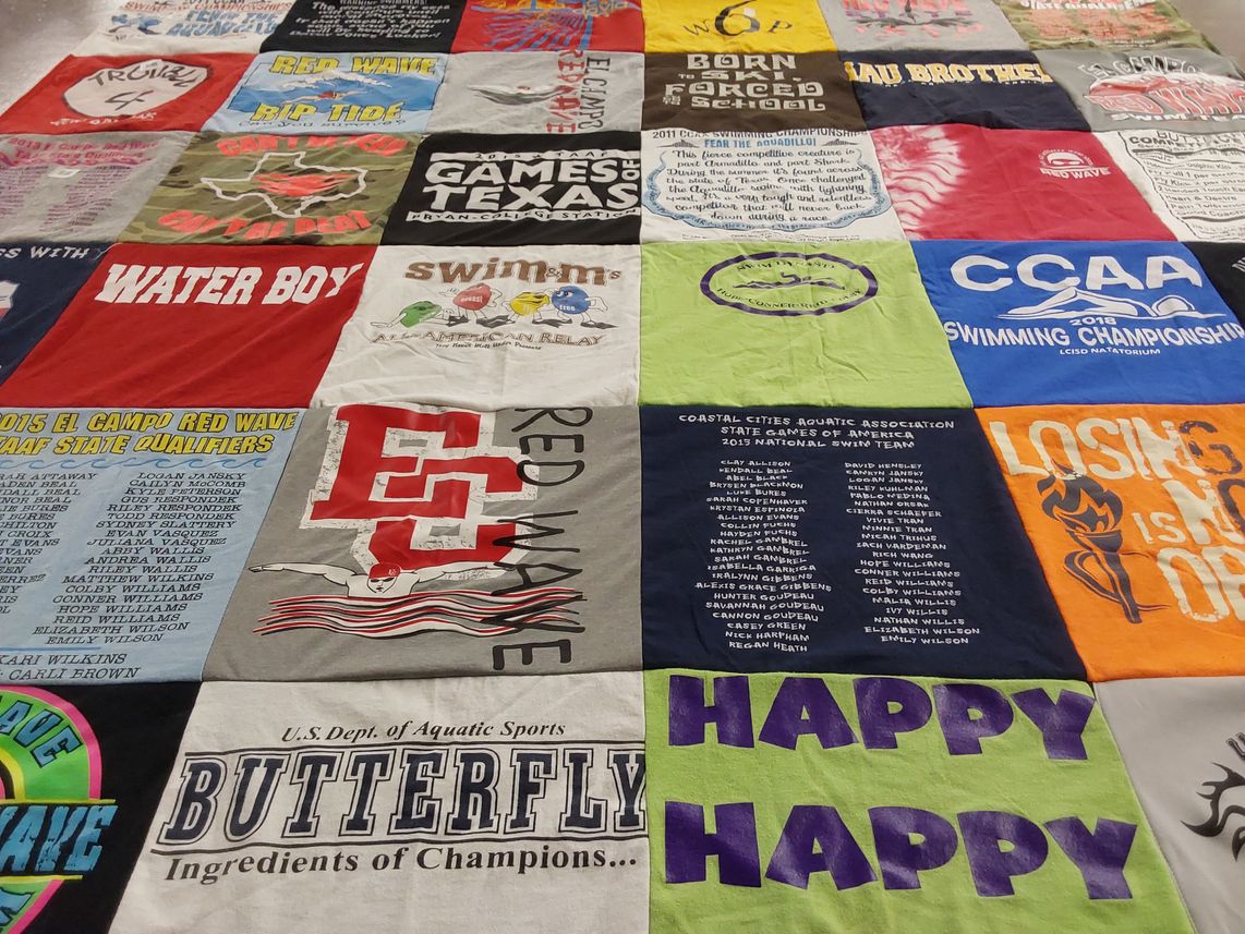 T-shirt quilt with swimming, sports themes by Laura from TX