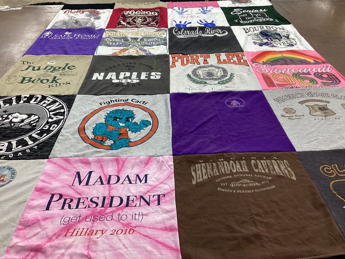 T-shirt quilt with politics, geography themes by Ellen from CA
