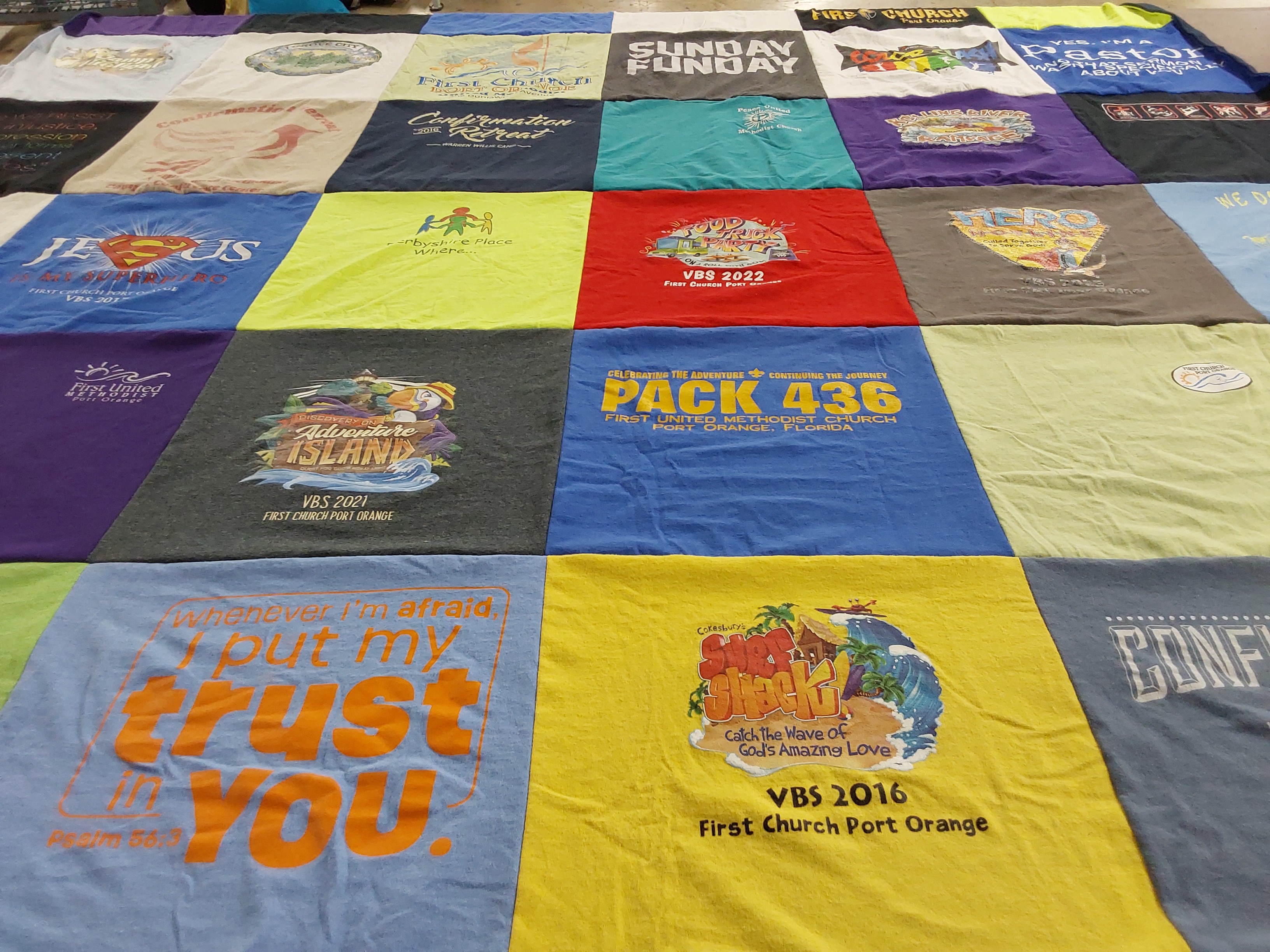 T-shirt quilt with vacation bible school, religion themes by Debbie from NY