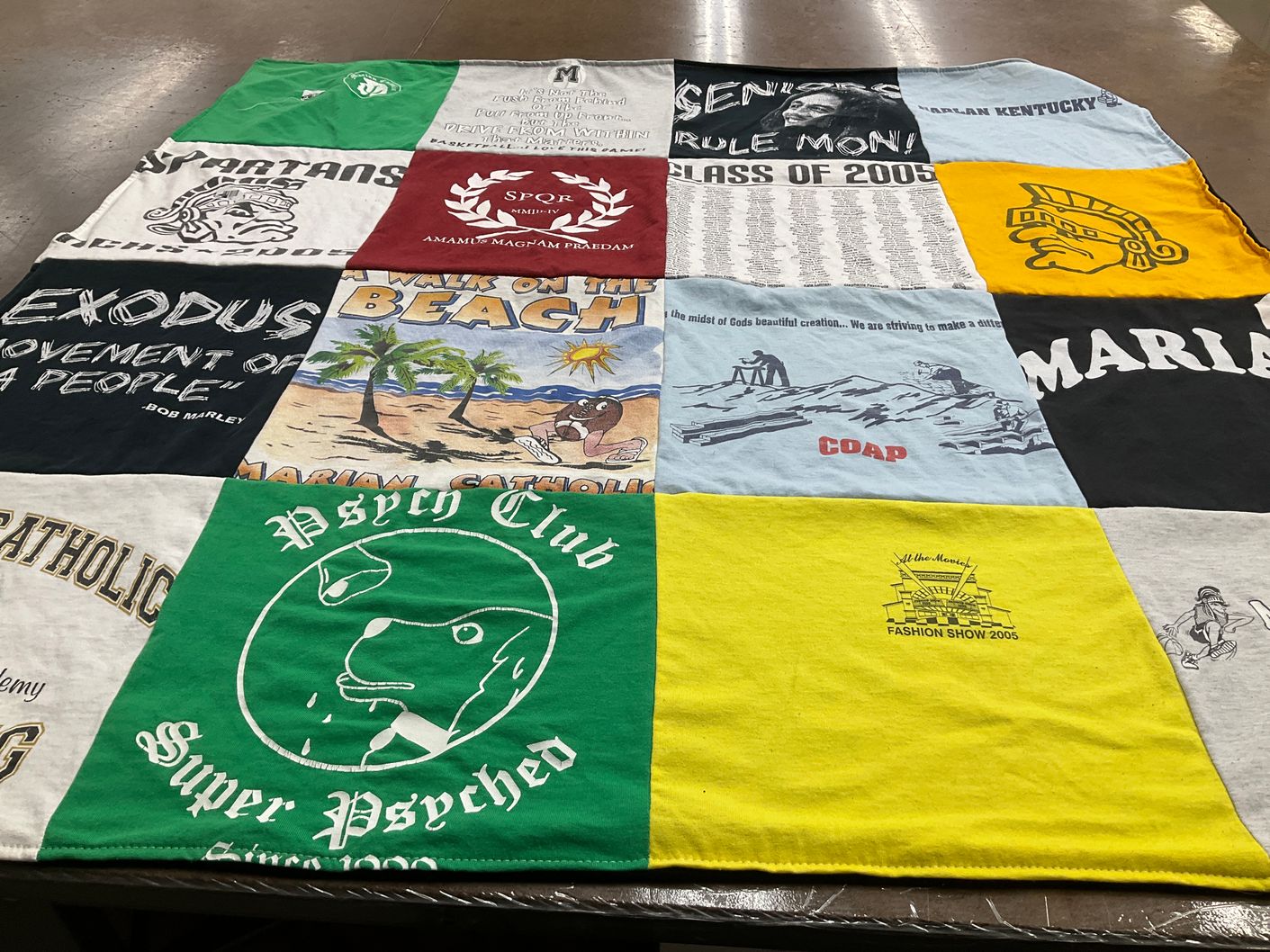 T-shirt quilt with beach, community themes by Elizabeth from IL