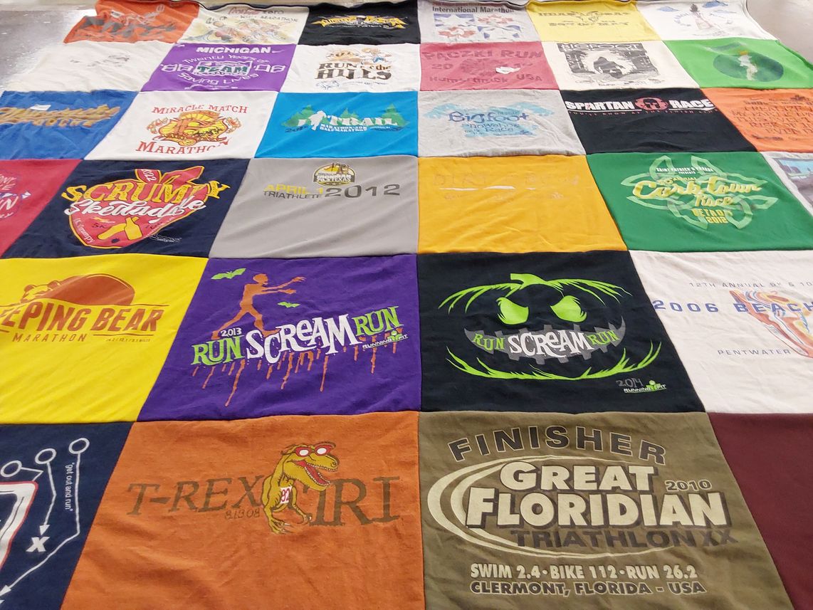T-shirt quilt with running, marathons themes by Melissa from MI