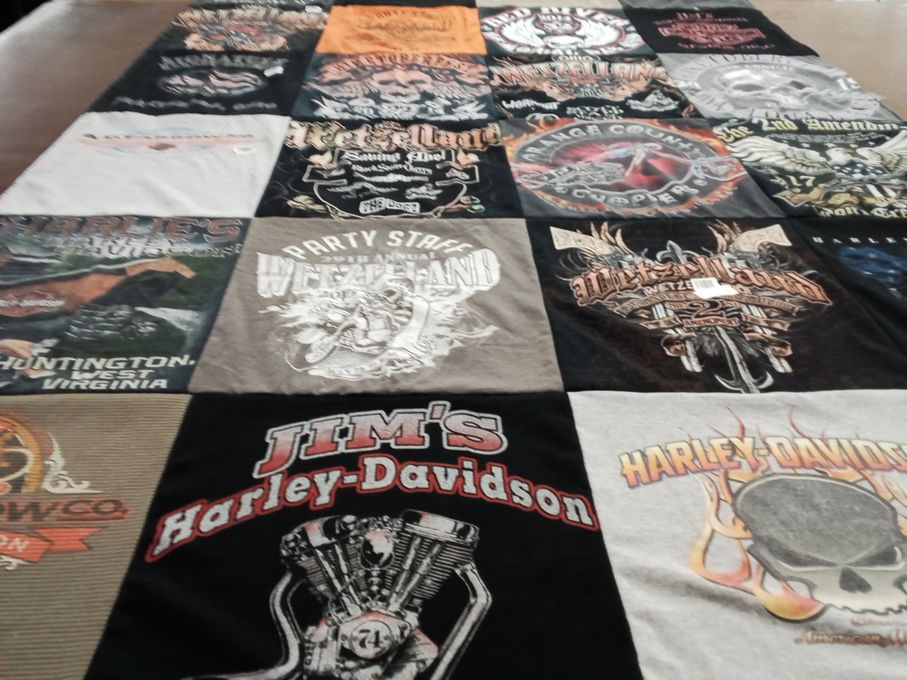 T-shirt quilt with motorcycles, biking themes by Angela from OH