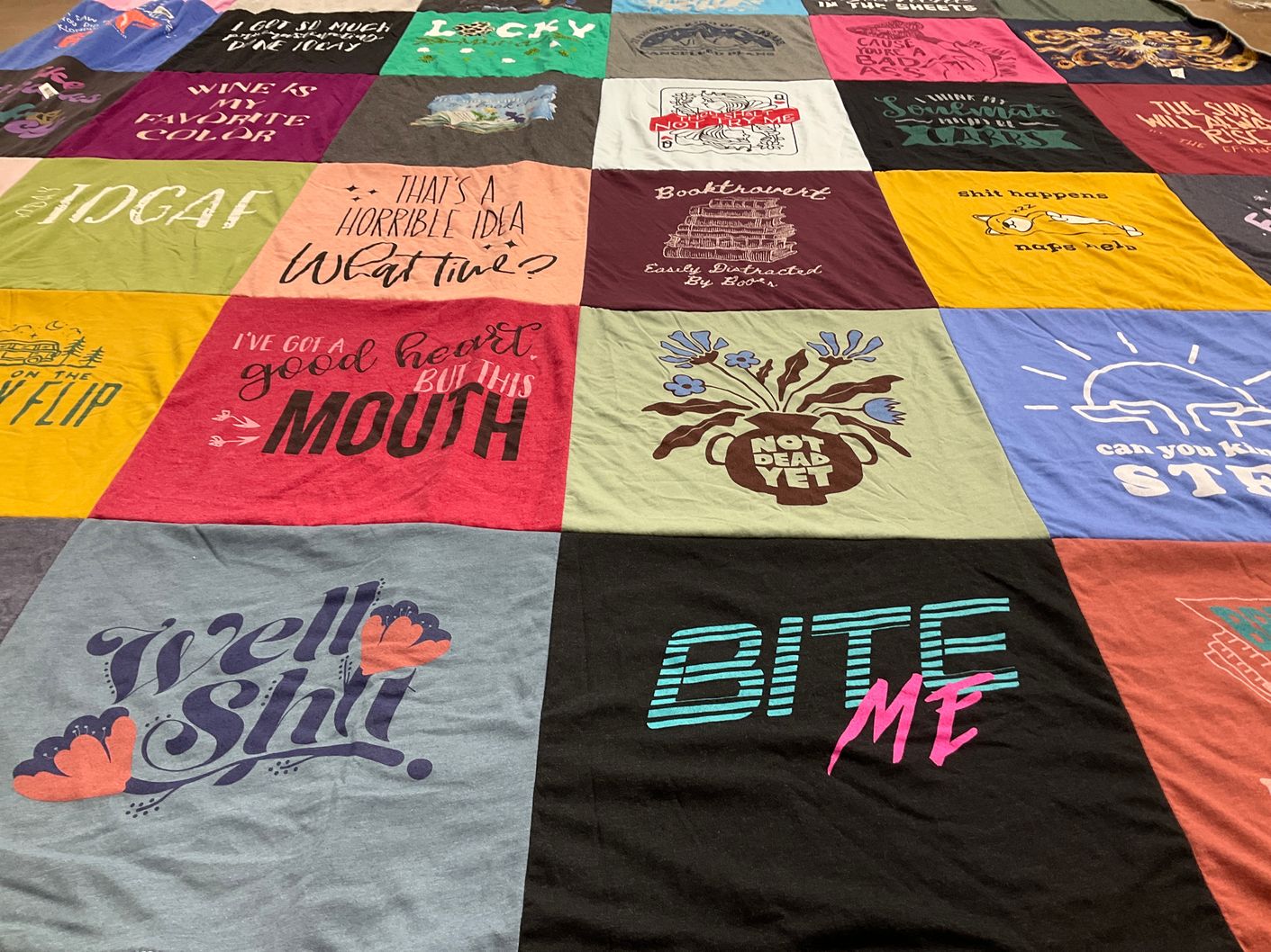 T-shirt quilt with humor, slang themes by Kylie from IL