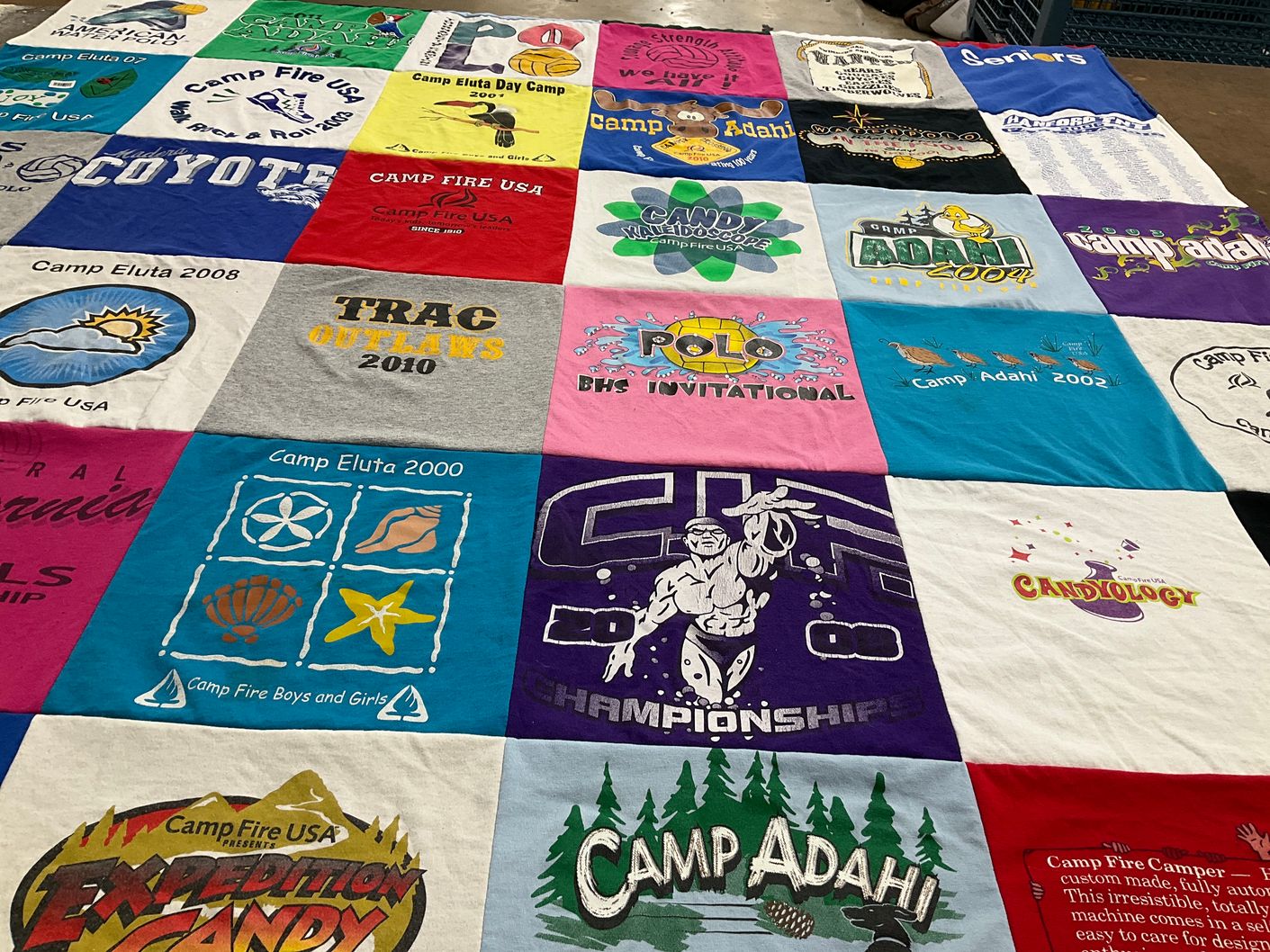 T-shirt quilt with camping, youth camps themes by Teya from CA