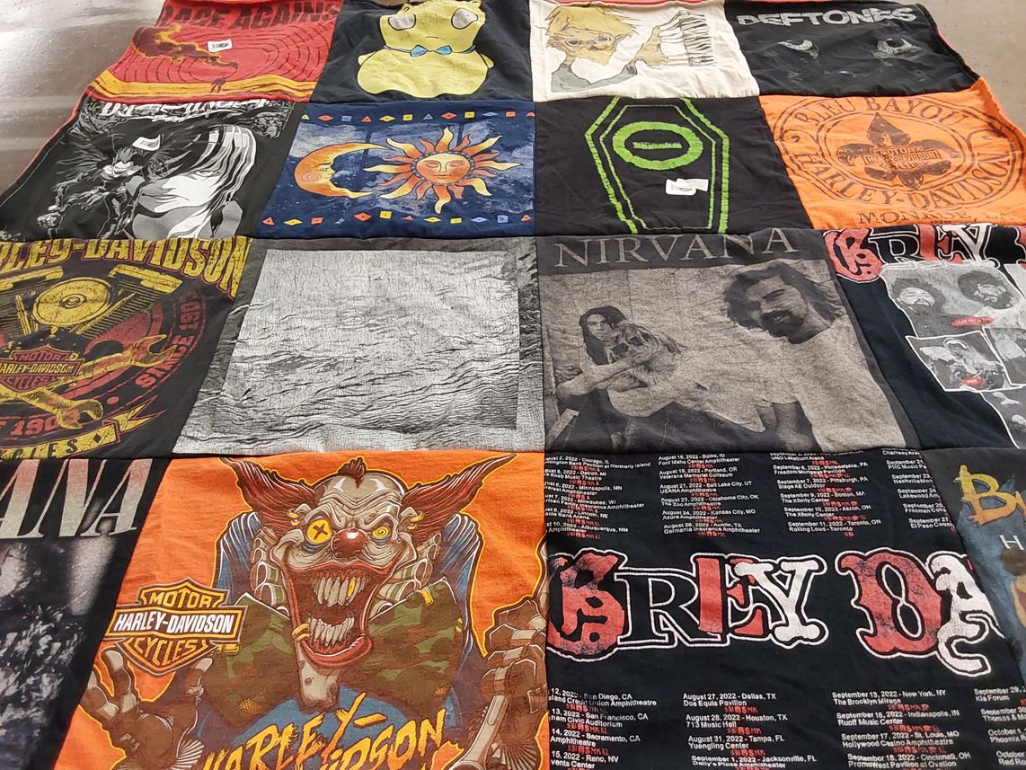 T-shirt quilt with music, motorcycles themes by Terri from LA