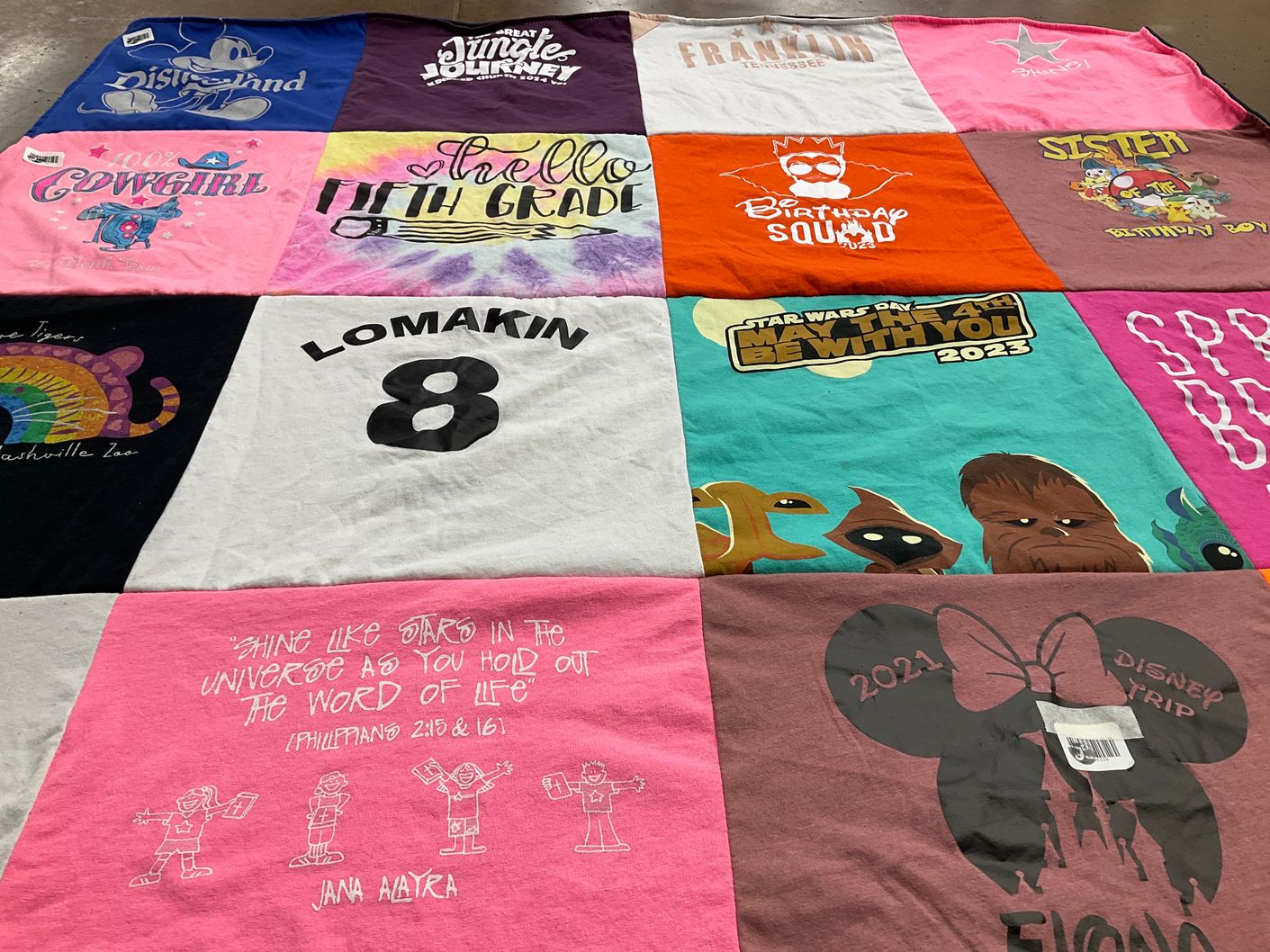 T-shirt quilt with disney, star wars themes by Alissa from CA