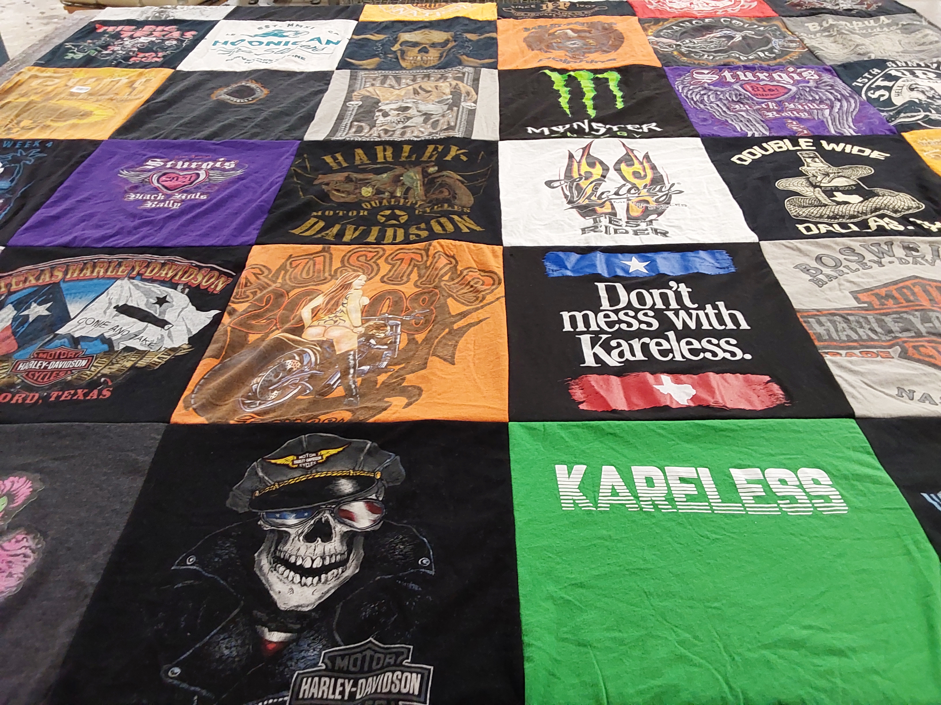 T-shirt quilt with motorcycles, biking themes by Marc from TX