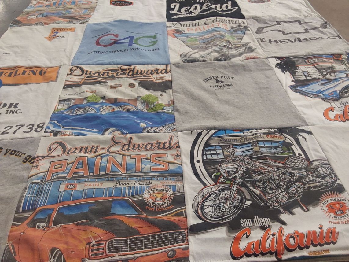 T-shirt quilt with automobiles, motorcycles themes by Amanda from AZ