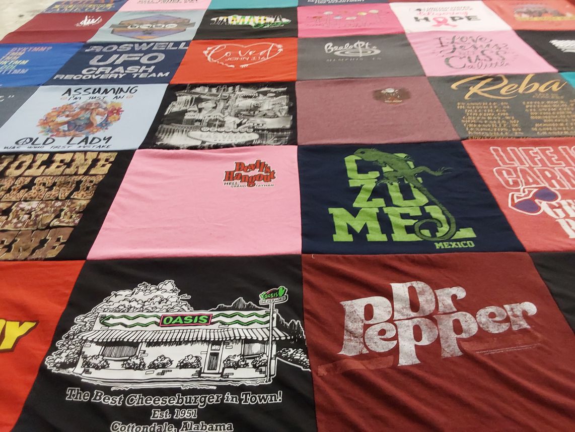T-shirt quilt with aliens, restaurants themes by Tammie from AL
