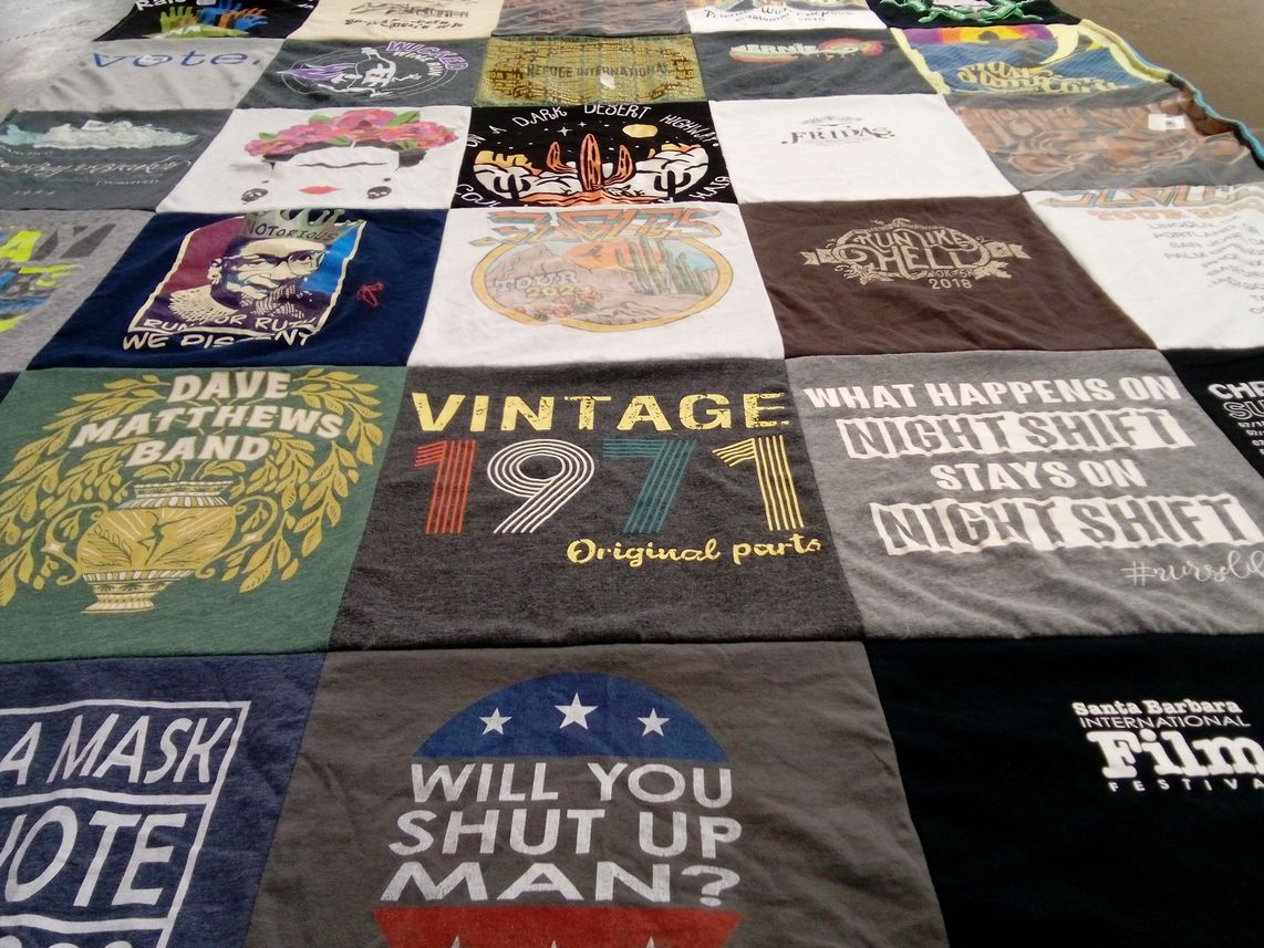 T-shirt quilt with music, film themes by lucia from OR