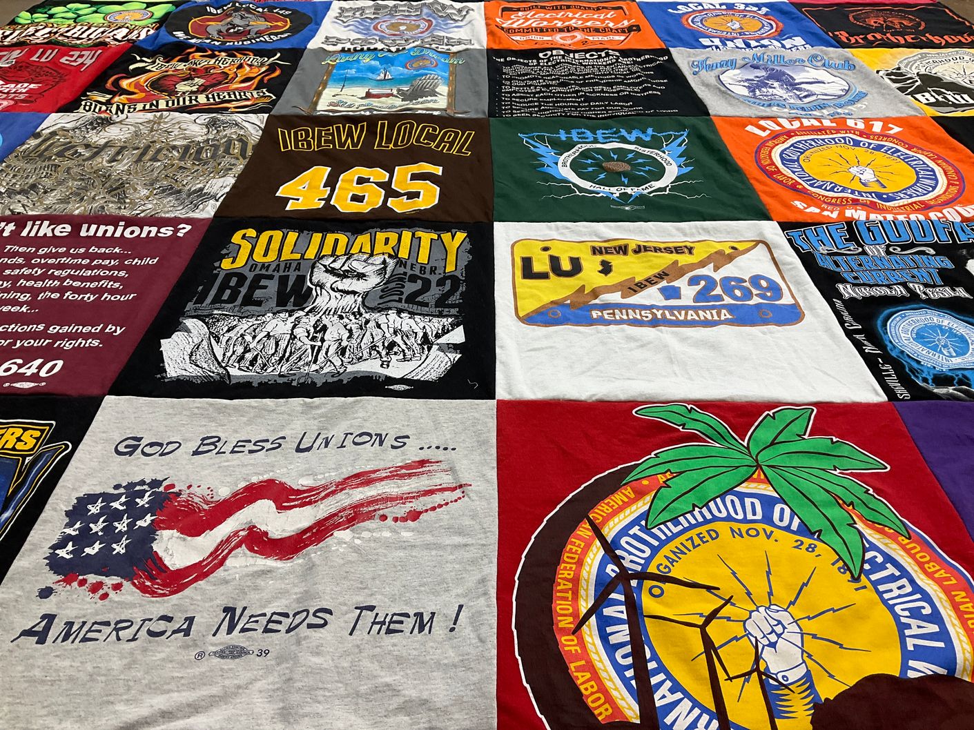 T-shirt quilt with labor, unions themes by Rita from NM