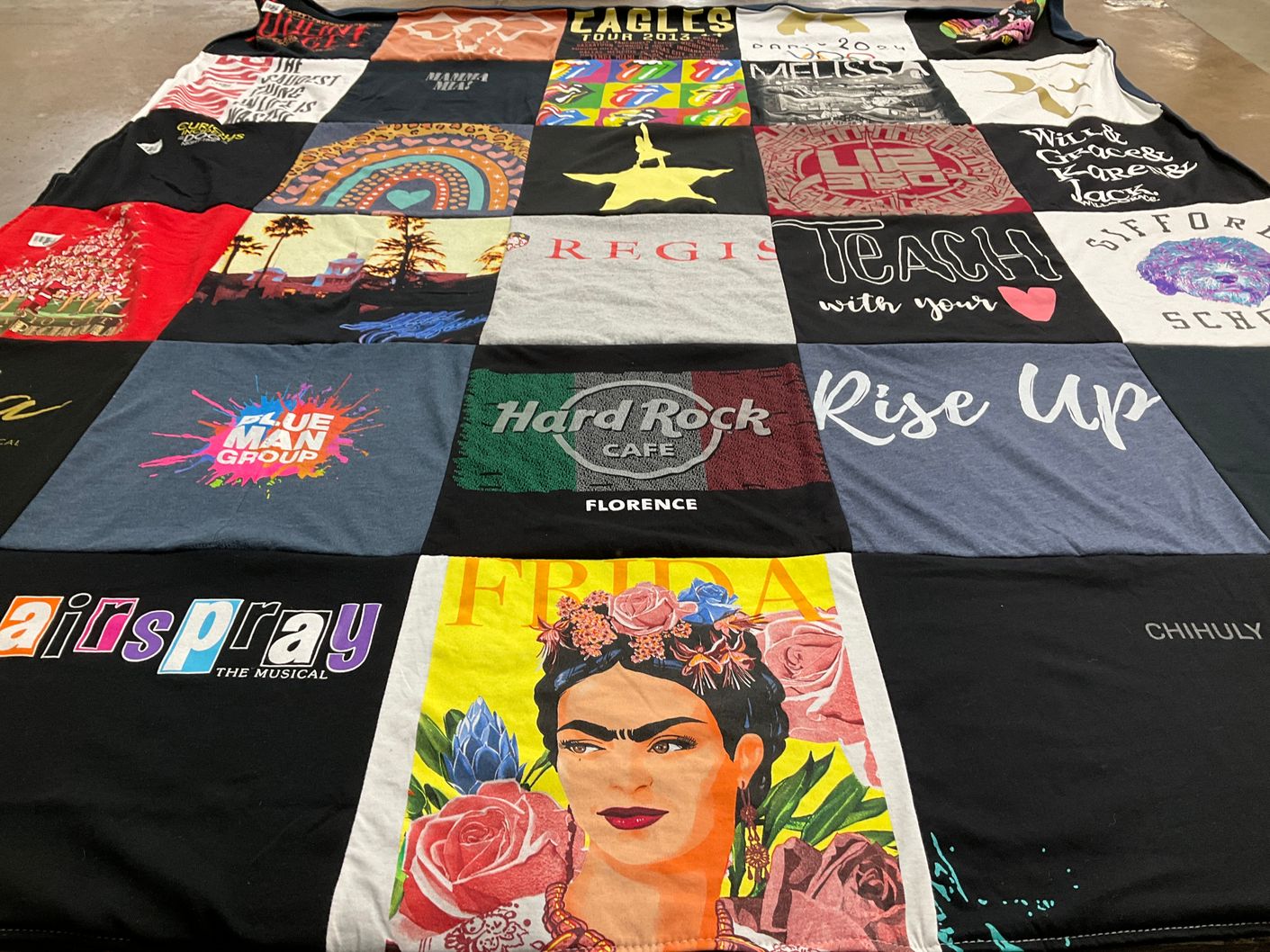T-shirt quilt with theater, art themes by Priscilla from MA