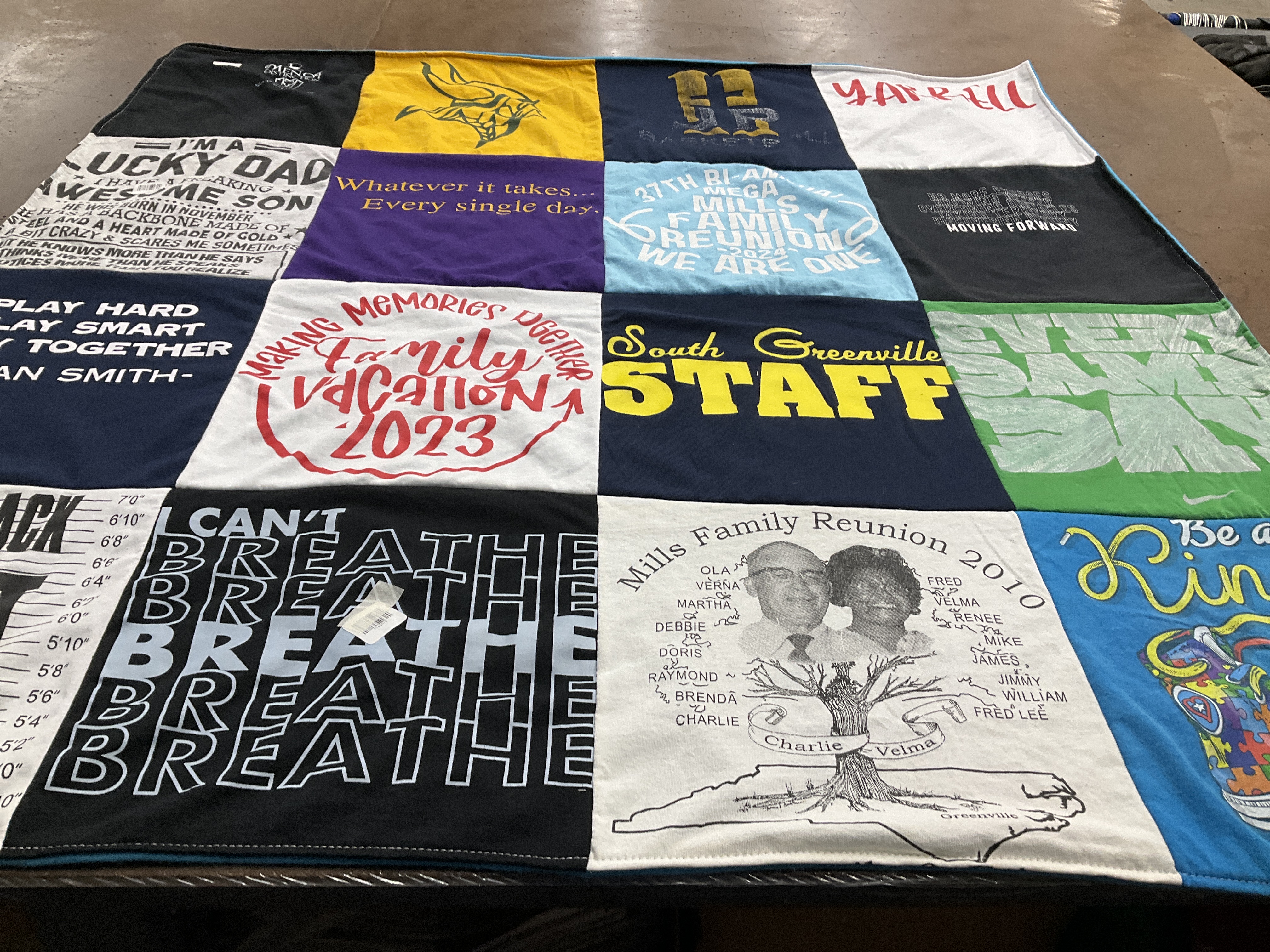 T-shirt quilt with family gatherings, vacations themes by Juanita from NC