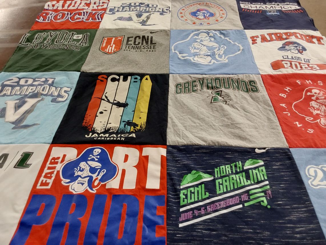 T-shirt quilt featuring loyola greyhounds, fairport soccer by MAUREEN from NY