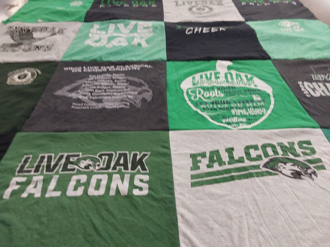 T-shirt quilt featuring live oak falcons by Dawn from TX