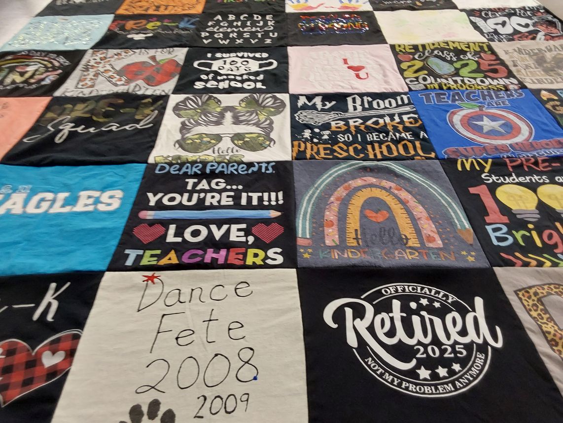 T-shirt quilt with education, teaching themes by Lisa from NY