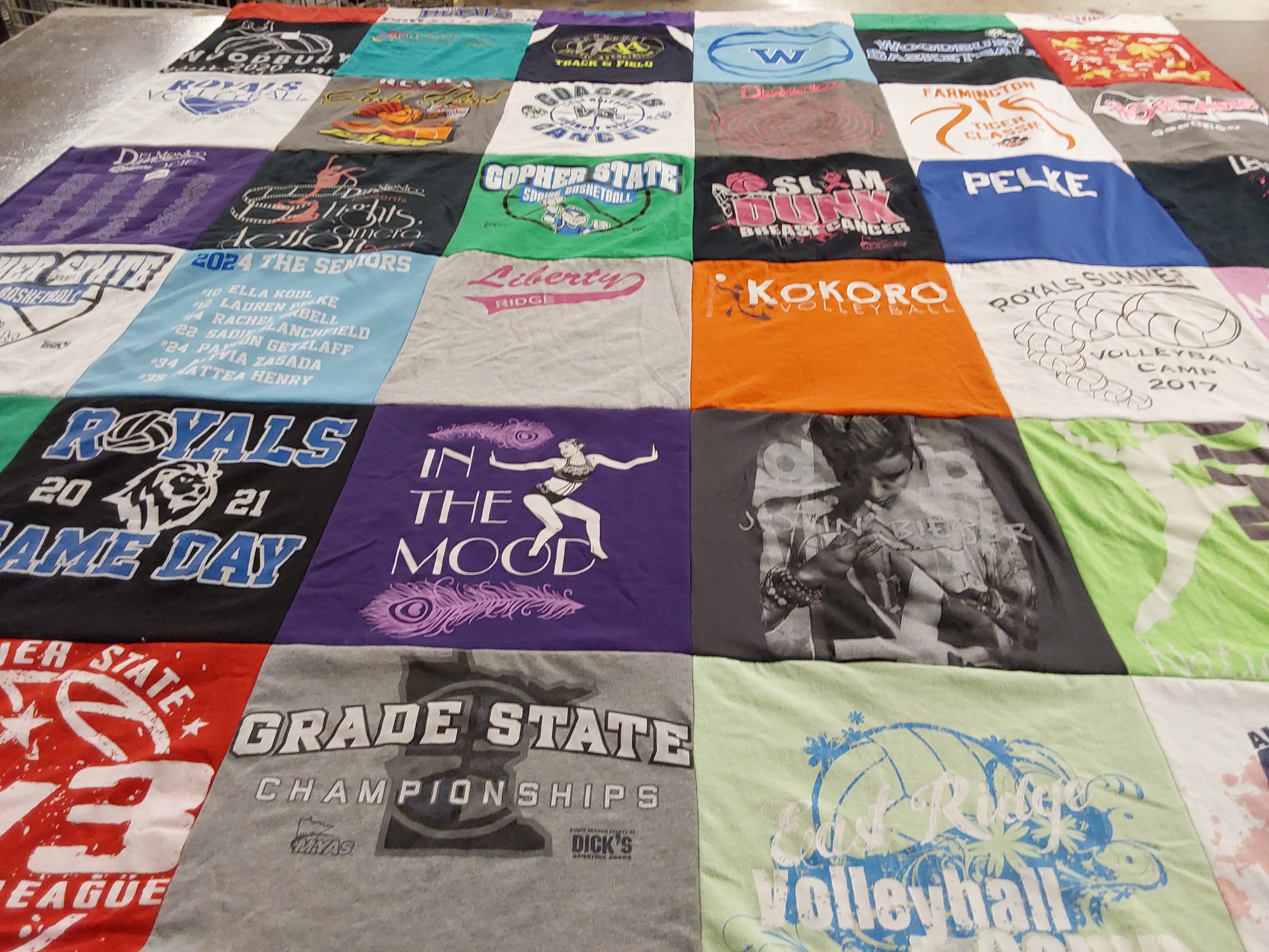 T-shirt quilt featuring royals volleyball team, gopher style basketball team by Jill from MN