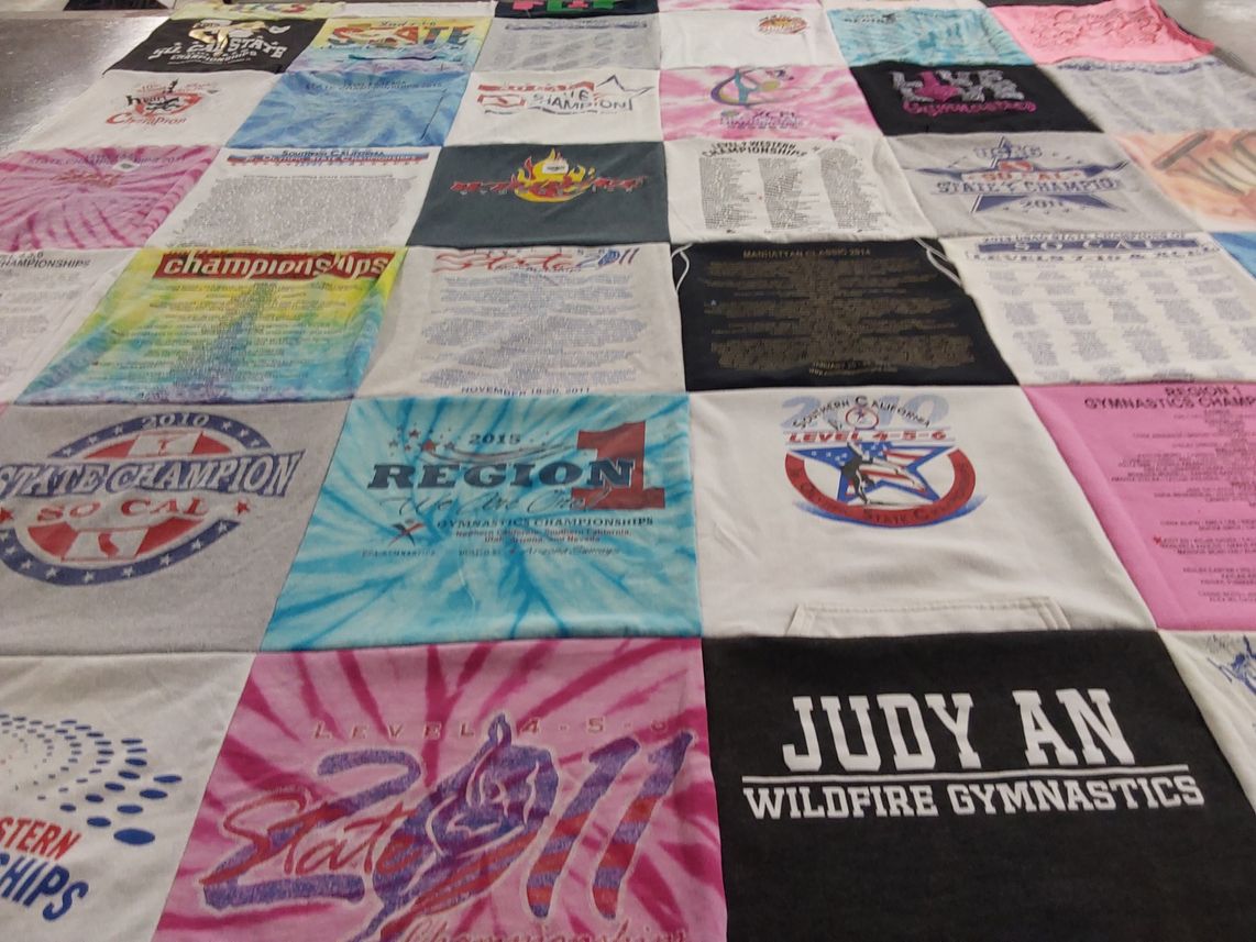 T-shirt quilt with gymnastics, sports themes by Jeong from CA