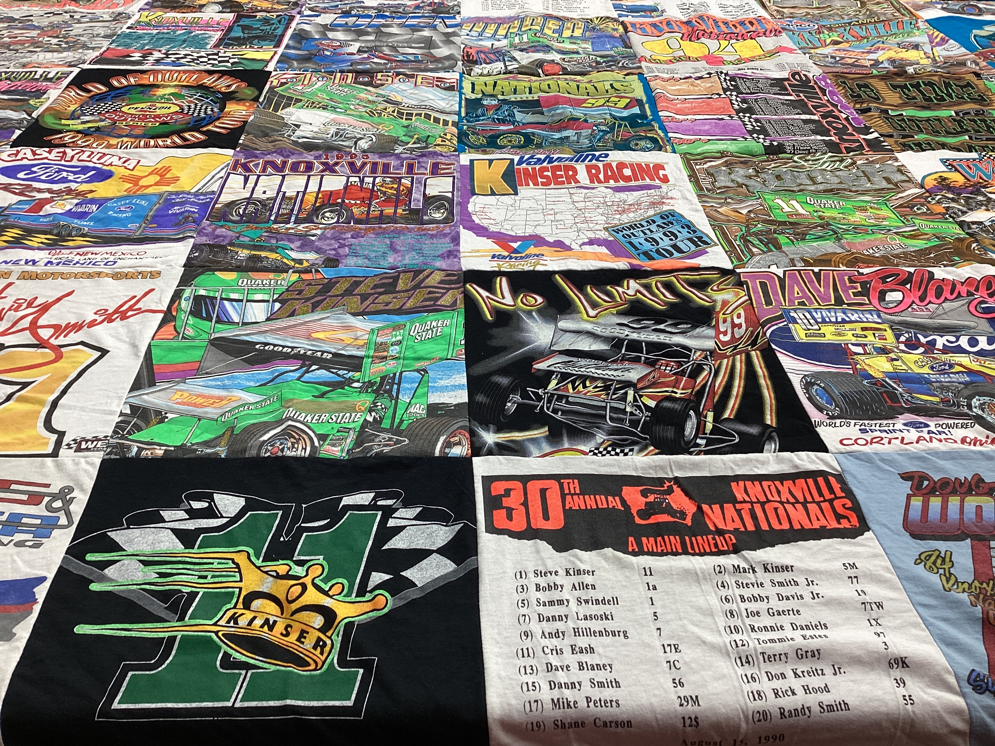 T-shirt quilt with auto racing, dirt track racing themes by Kathy from KS