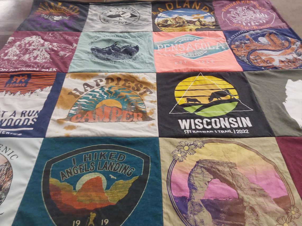 T-shirt quilt with camping, hiking themes by Melody from MN
