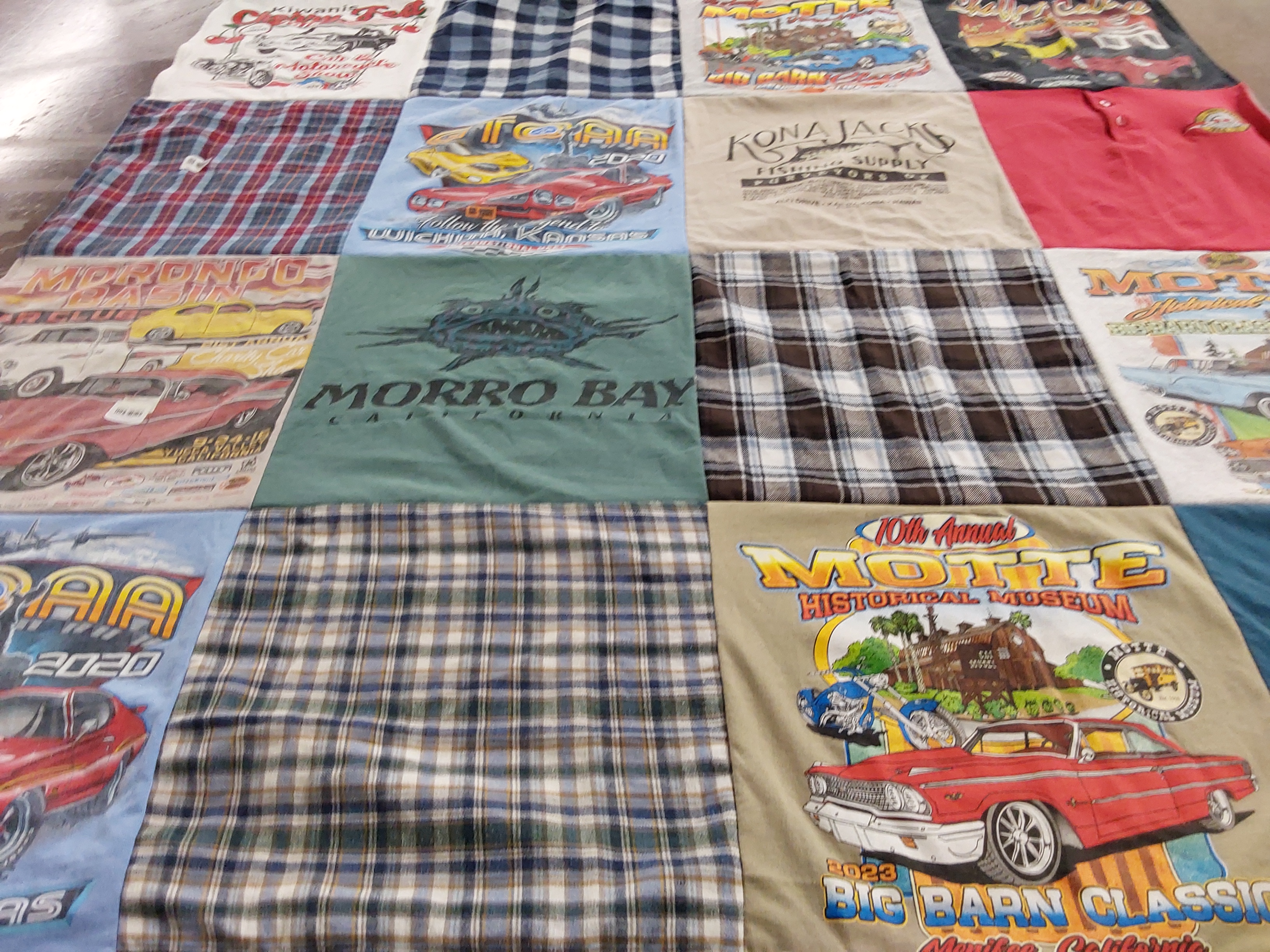 T-shirt quilt with cars, fishing themes by Kari from CA