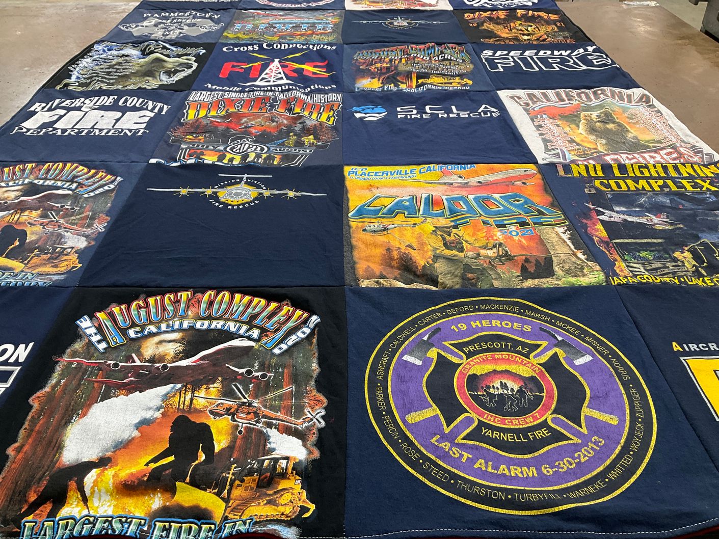 T-shirt quilt with firefighting, wildfire themes by Debra from AZ