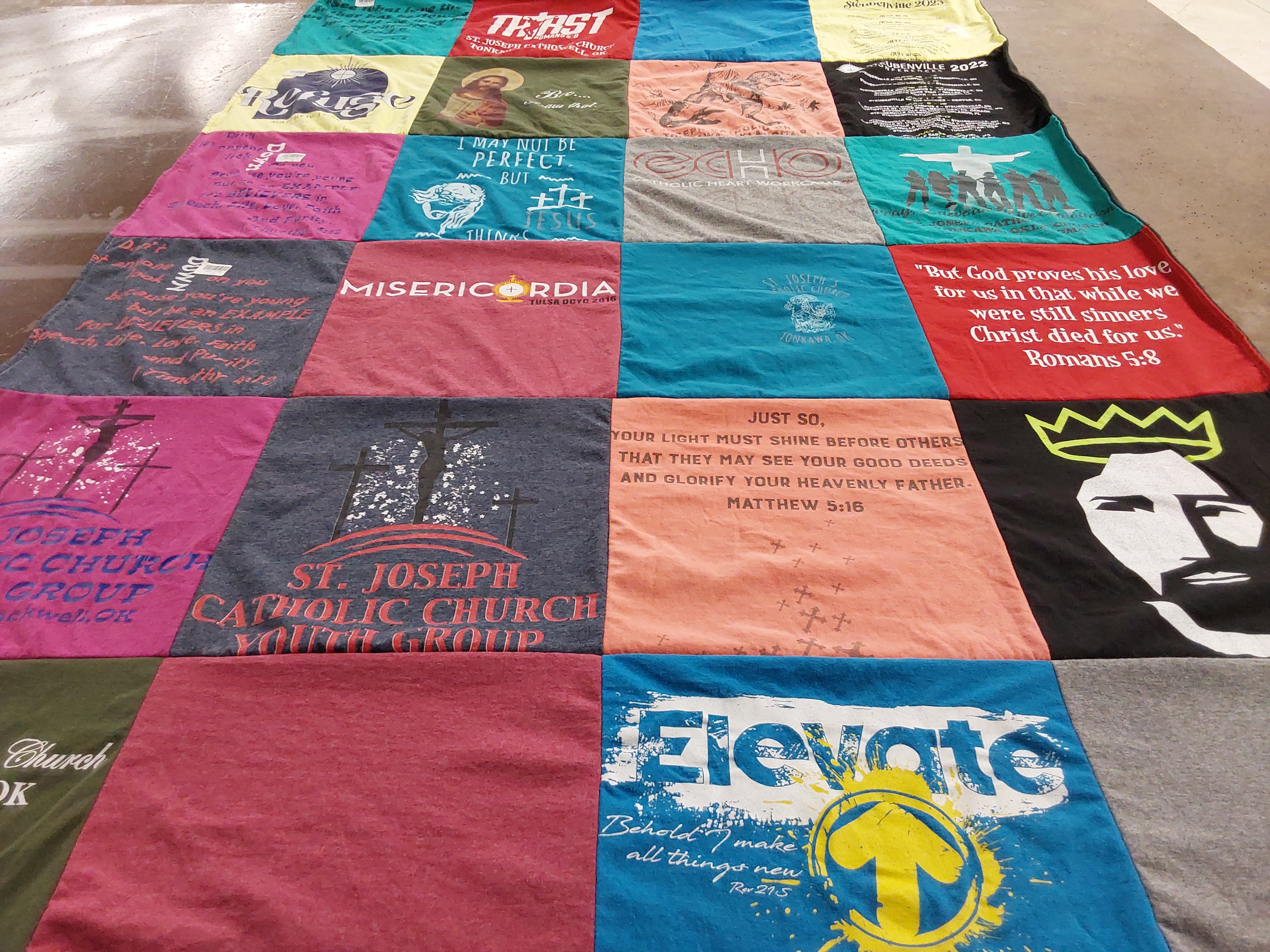 T-shirt quilt with religion, youth ministry themes by Zailette from OK