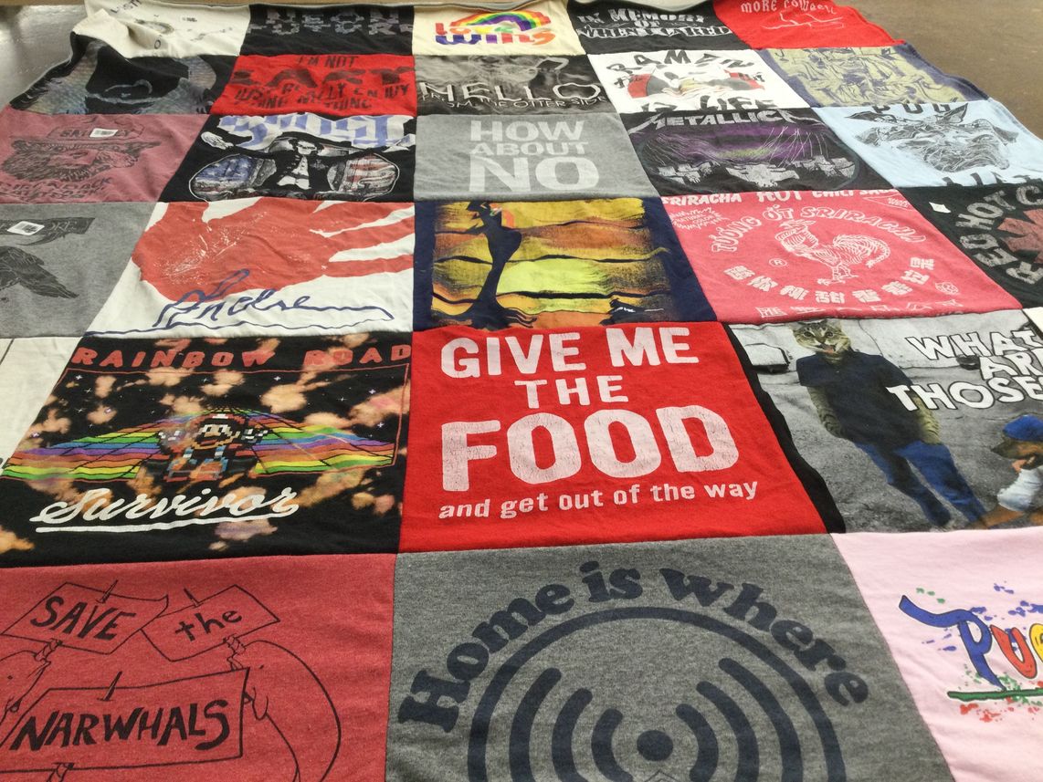 T-shirt quilt with gaming, music themes by Karen from VA