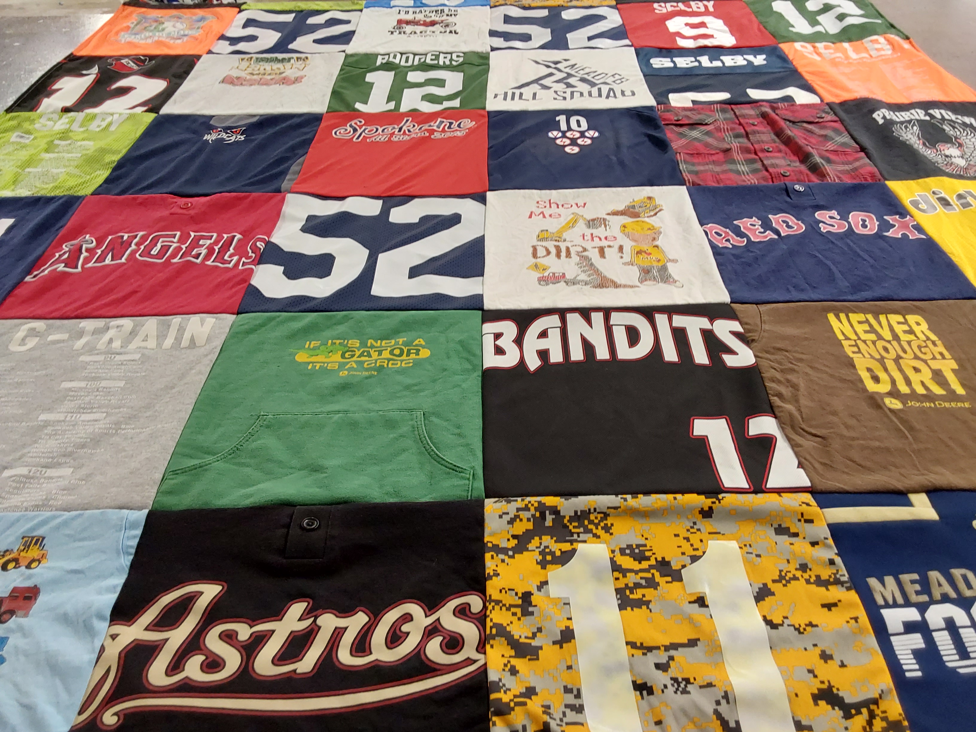 T-shirt quilt with baseball, sports themes by Rebecca from WA