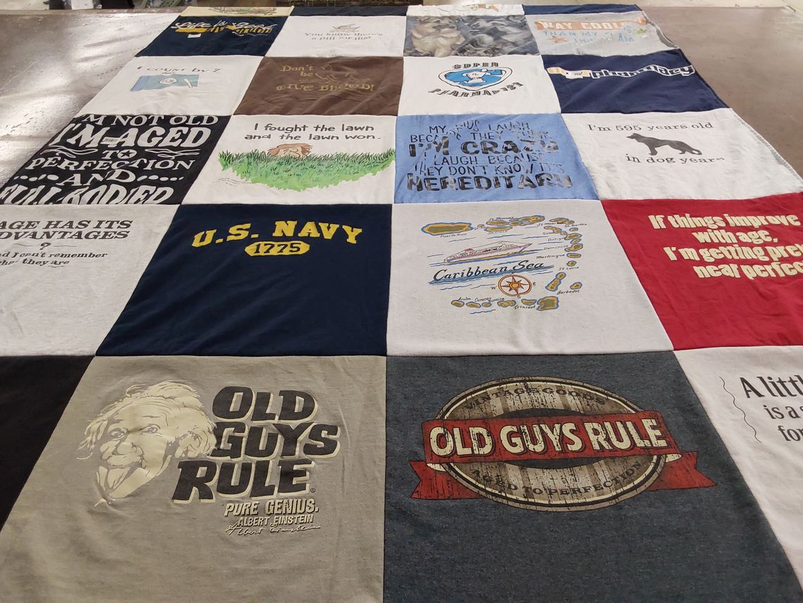 T-shirt quilt with humor, navy themes by Leslie from CA