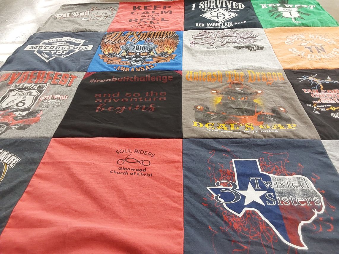 T-shirt quilt with motorcycling, adventure themes by Kathy from AR