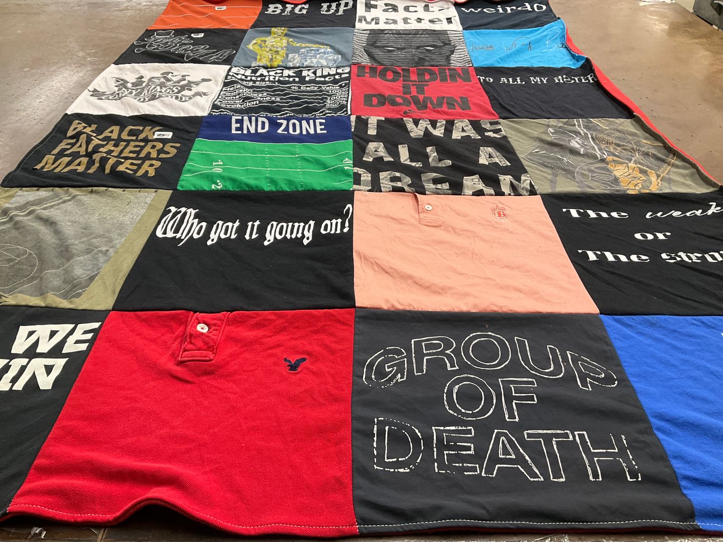 T-shirt quilt with social justice, community themes by Alexia from PA