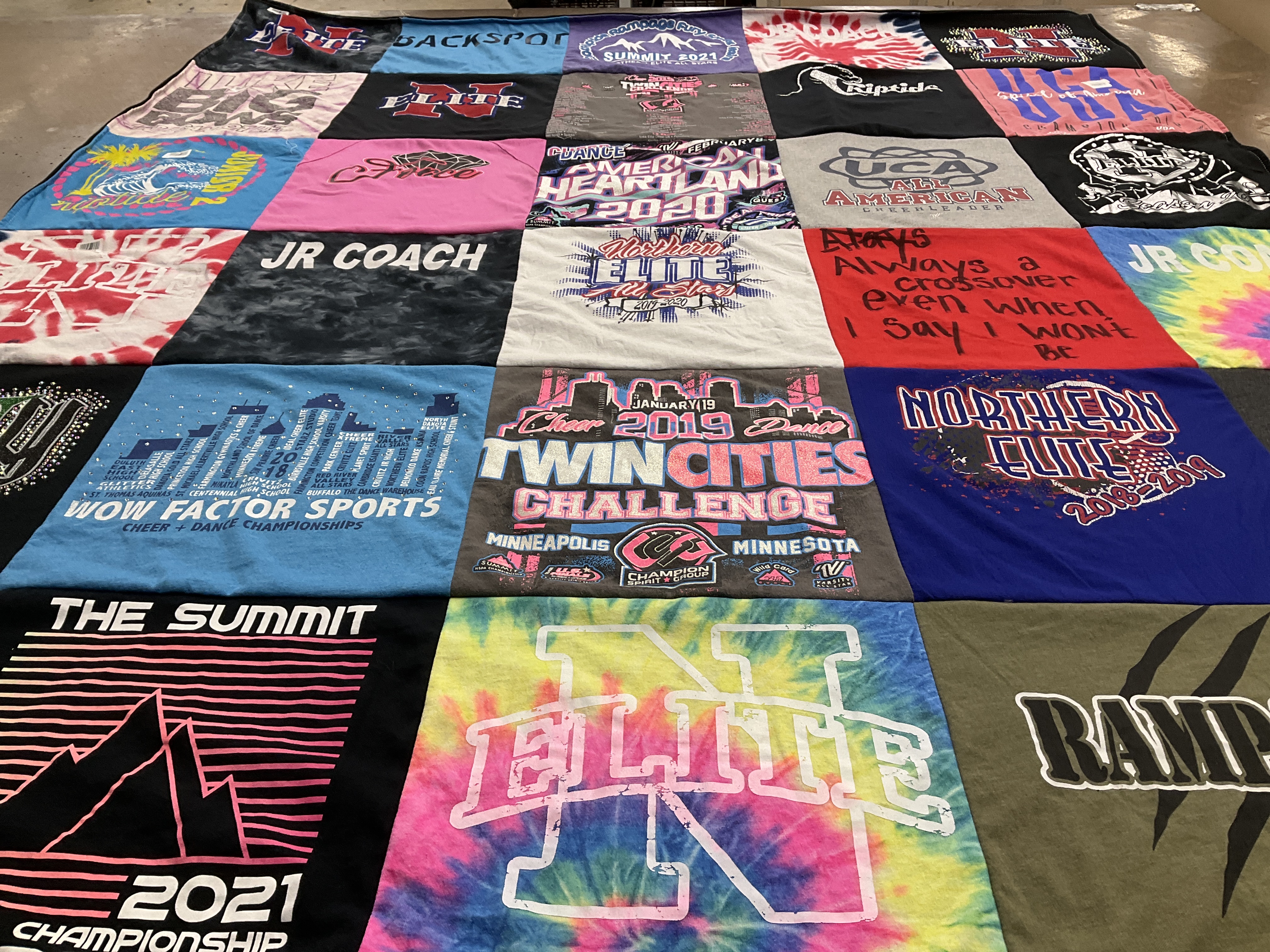 T-shirt quilt with cheerleading, dance themes by Sarah from MN