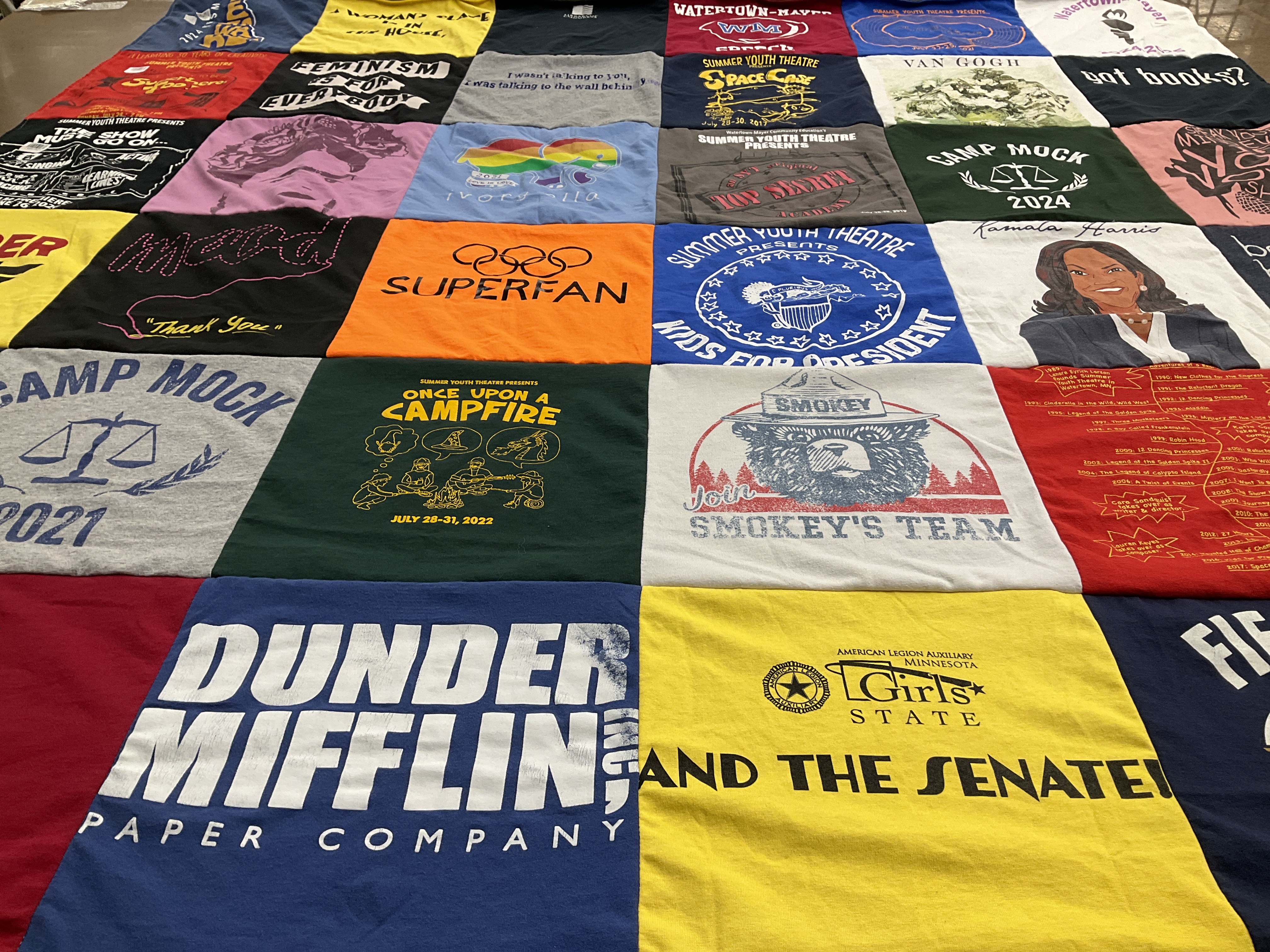 T-shirt quilt with theatre, camping themes by Nikki from MN