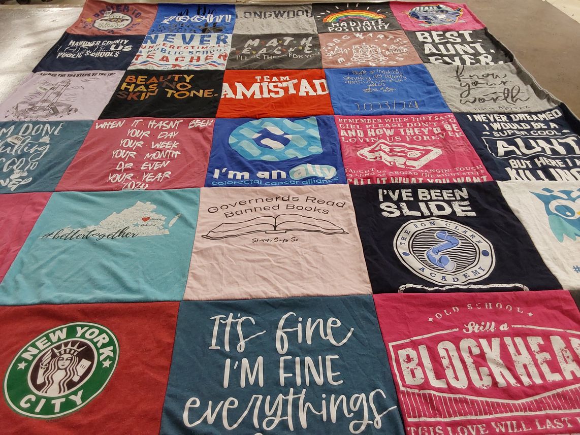 T-shirt quilt with teaching, reading themes by Jennifer from VA
