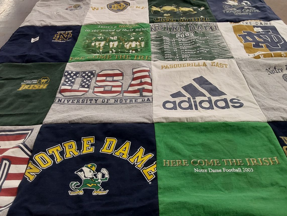 T-shirt quilt featuring notre dame fighting irish football by Elizabeth from TX
