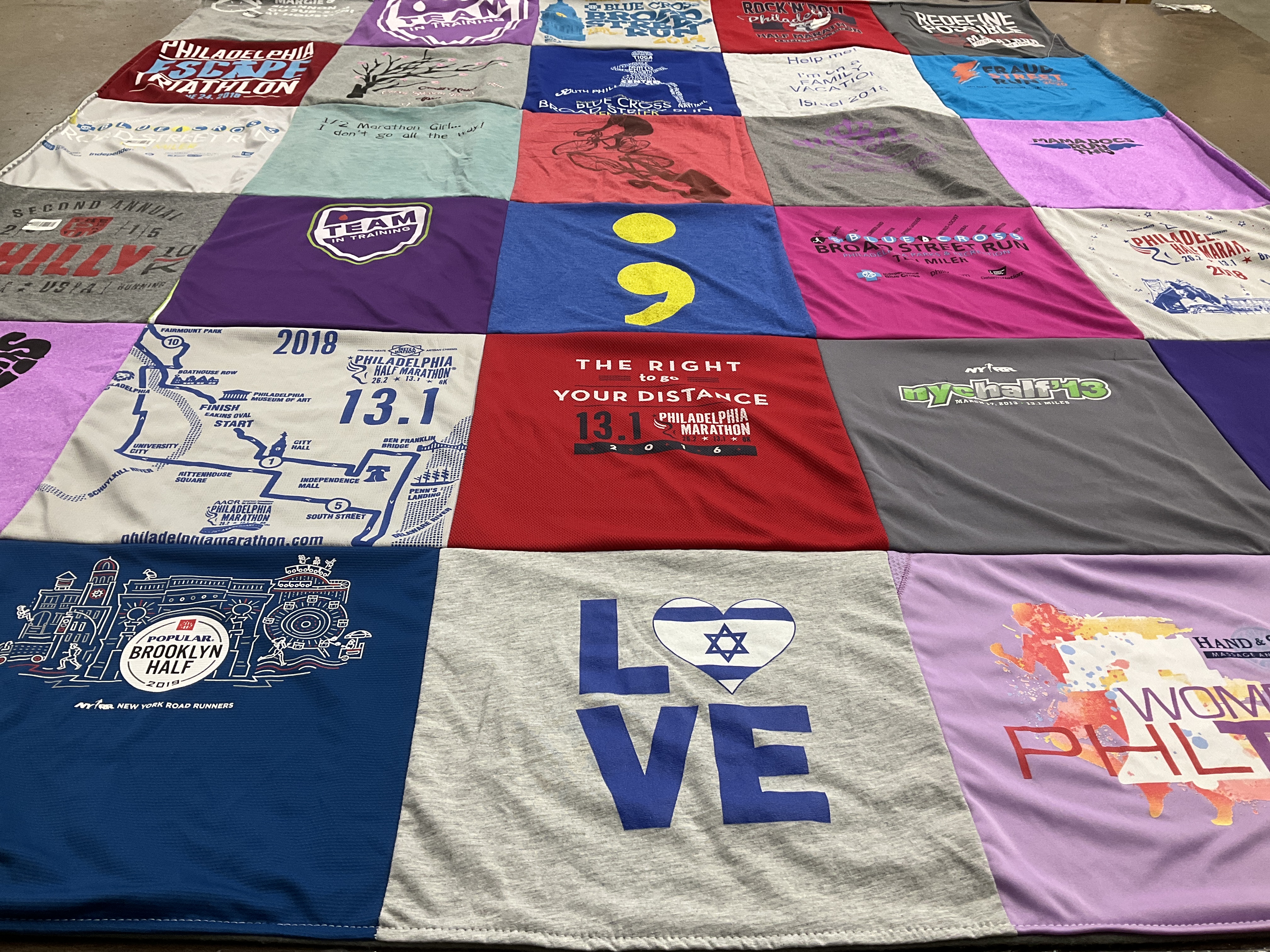 T-shirt quilt with running, marathons themes by Margie from PA