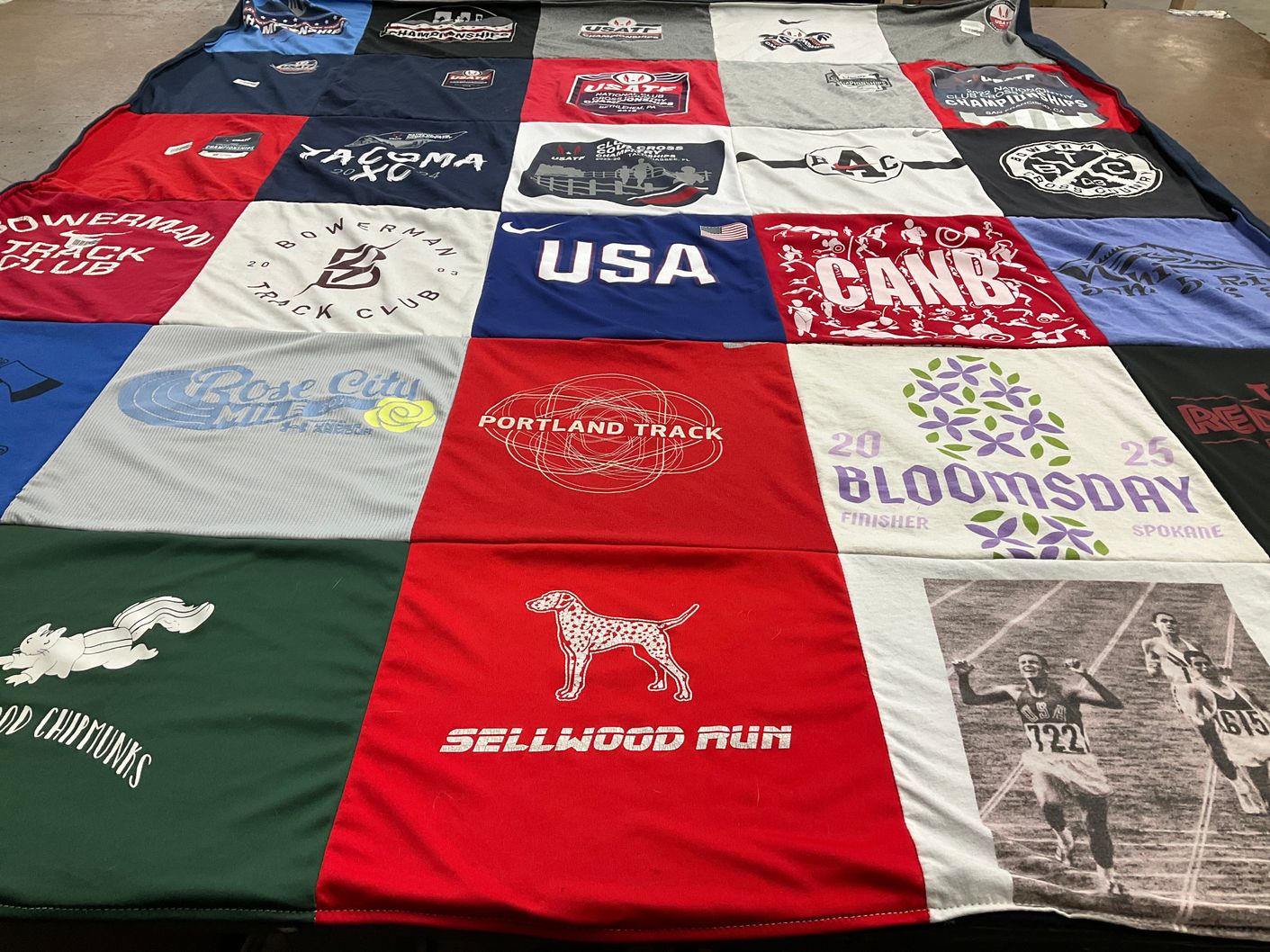 T-shirt quilt with running, track and field themes by Matt from OR