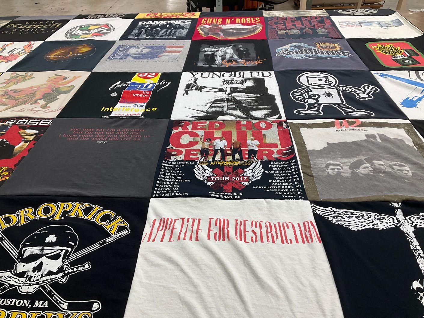 T-shirt quilt with music, rock themes by Thea from KS